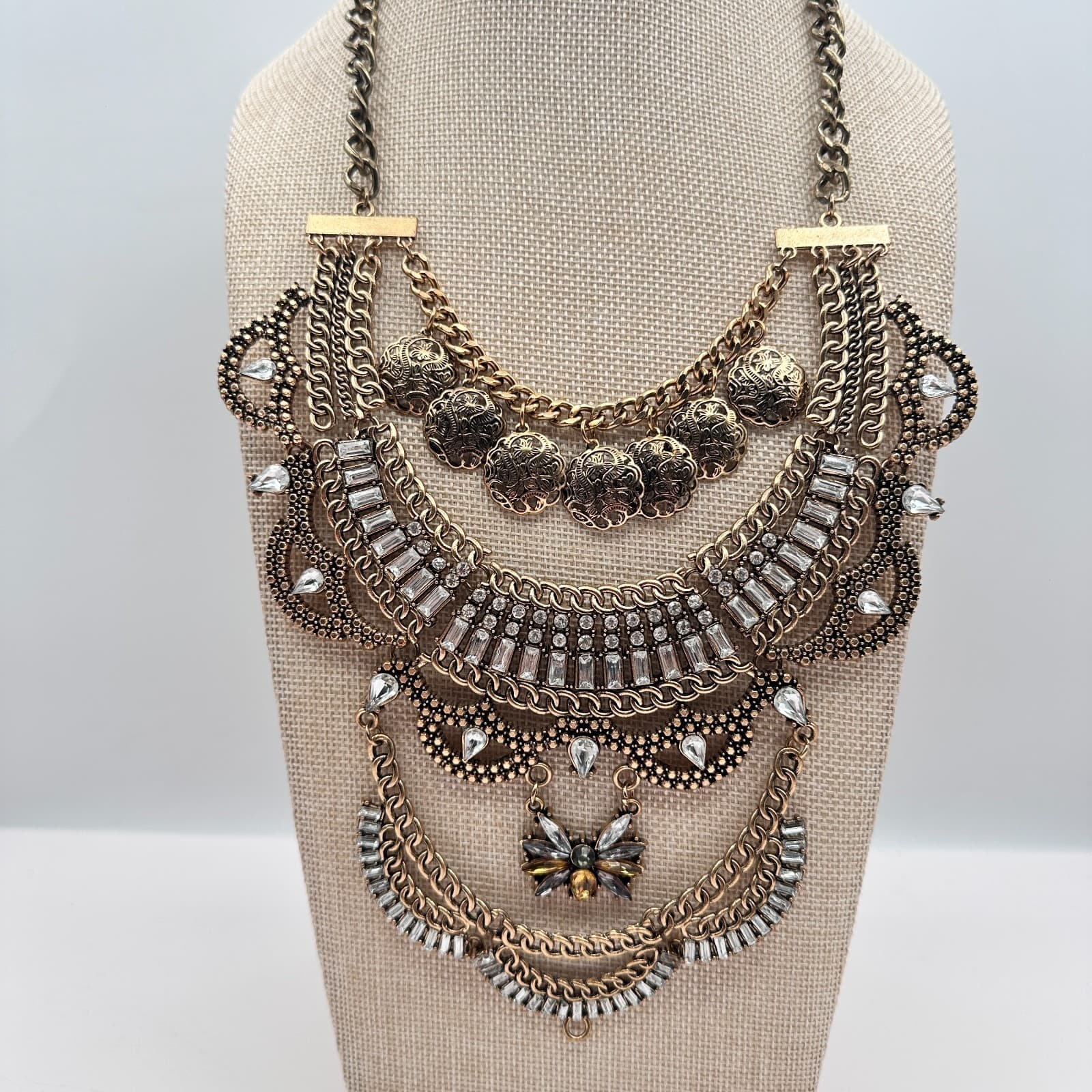 Vintage Y2k Gold Tone Multi Layer Statement Necklace Rhinestones Discs Jewelry - Thumbnail 9