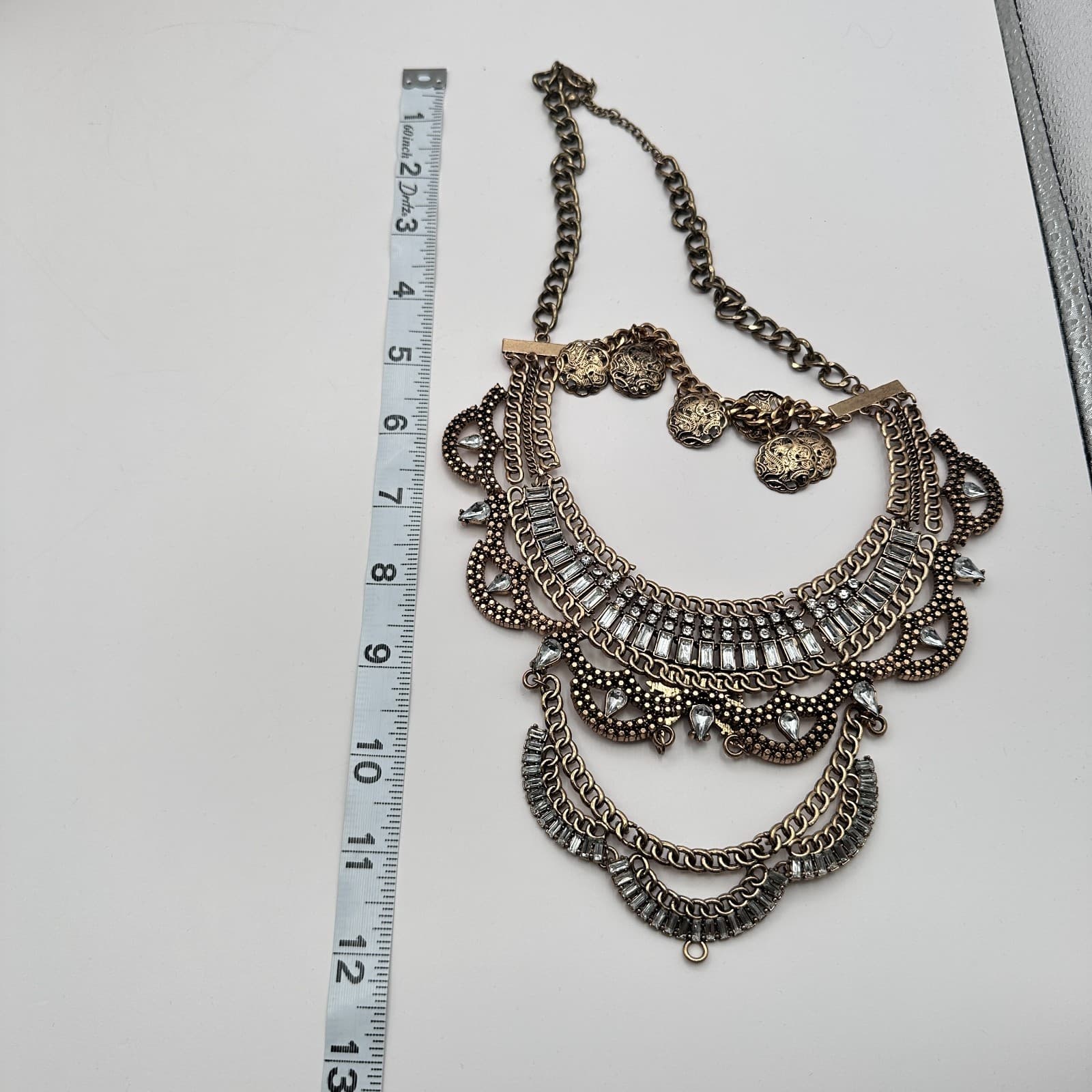 Vintage Y2k Gold Tone Multi Layer Statement Necklace Rhinestones Discs Jewelry - Thumbnail 3