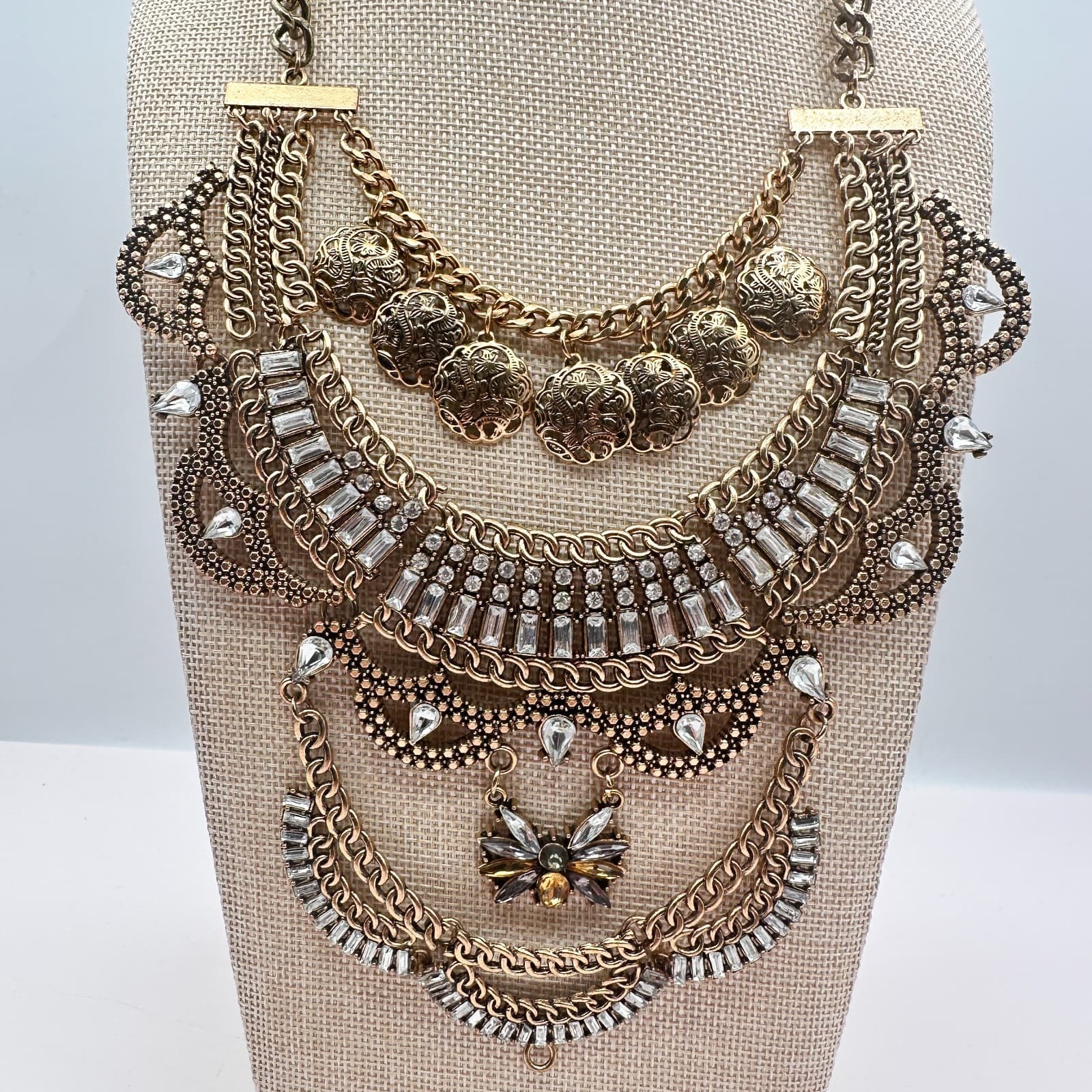 Vintage Y2k Gold Tone Multi Layer Statement Necklace Rhinestones Discs Jewelry - Thumbnail 5