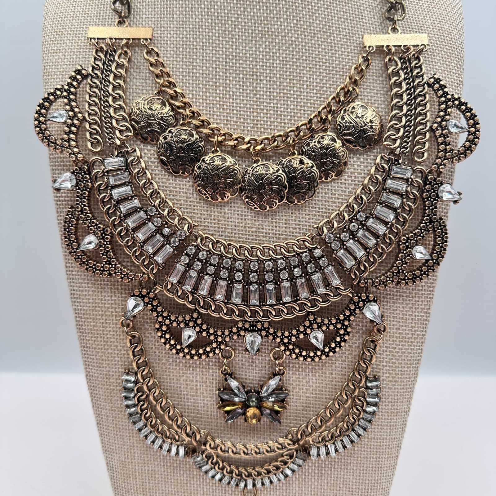 Vintage Y2k Gold Tone Multi Layer Statement Necklace Rhinestones Discs Jewelry - Thumbnail 8