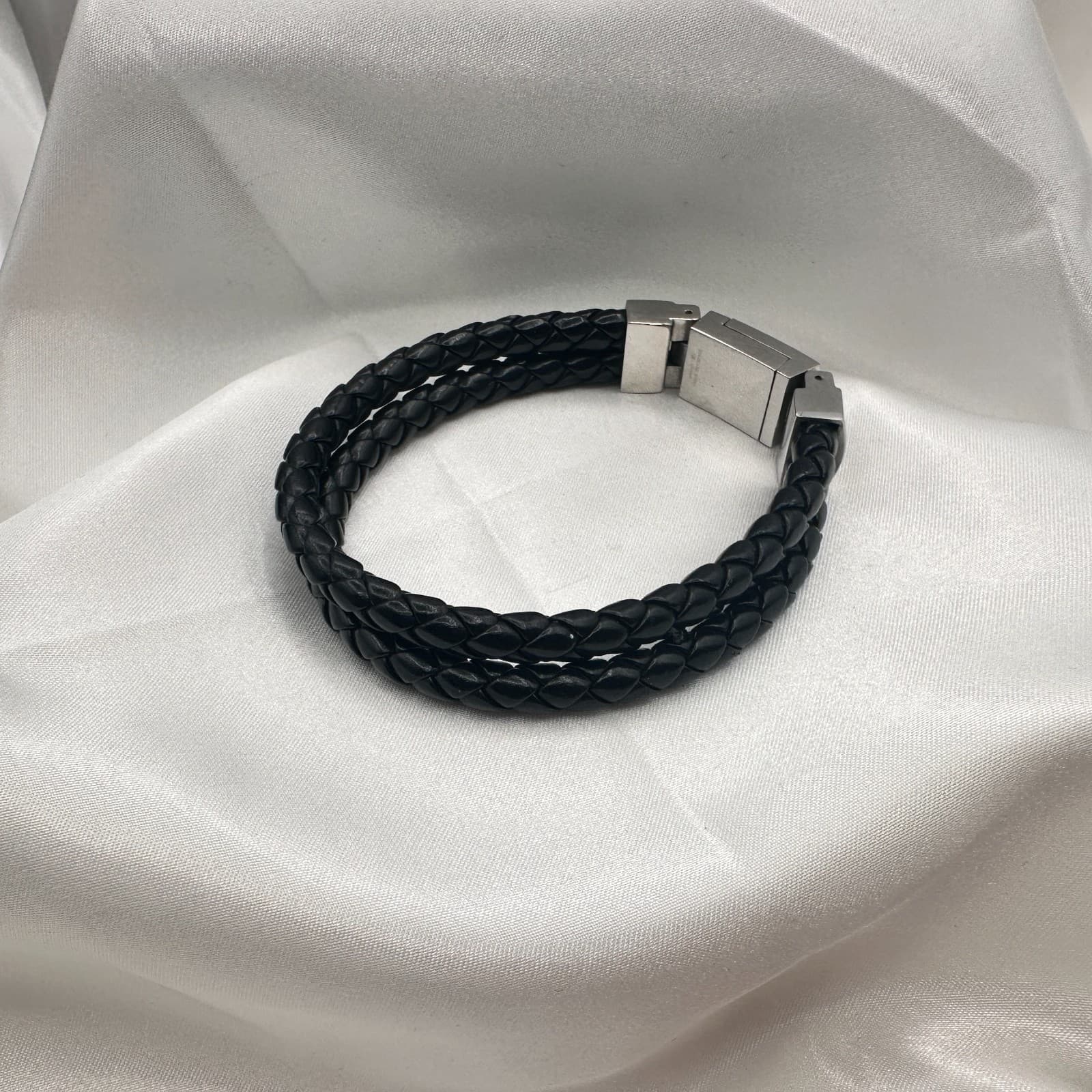 Vintage Y2K Black Double Strand Leather Braided Bracelet Silver Tone Jewelry - Thumbnail 4