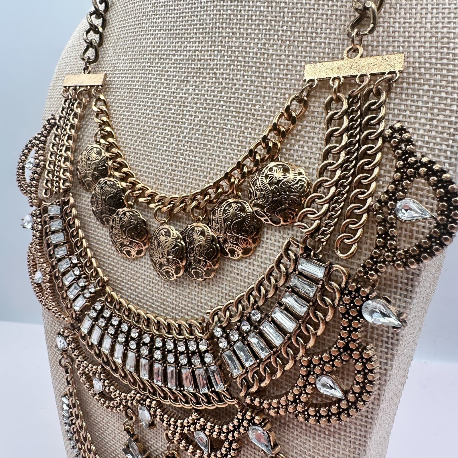 Vintage Y2k Gold Tone Multi Layer Statement Necklace Rhinestones Discs Jewelry - Thumbnail 4