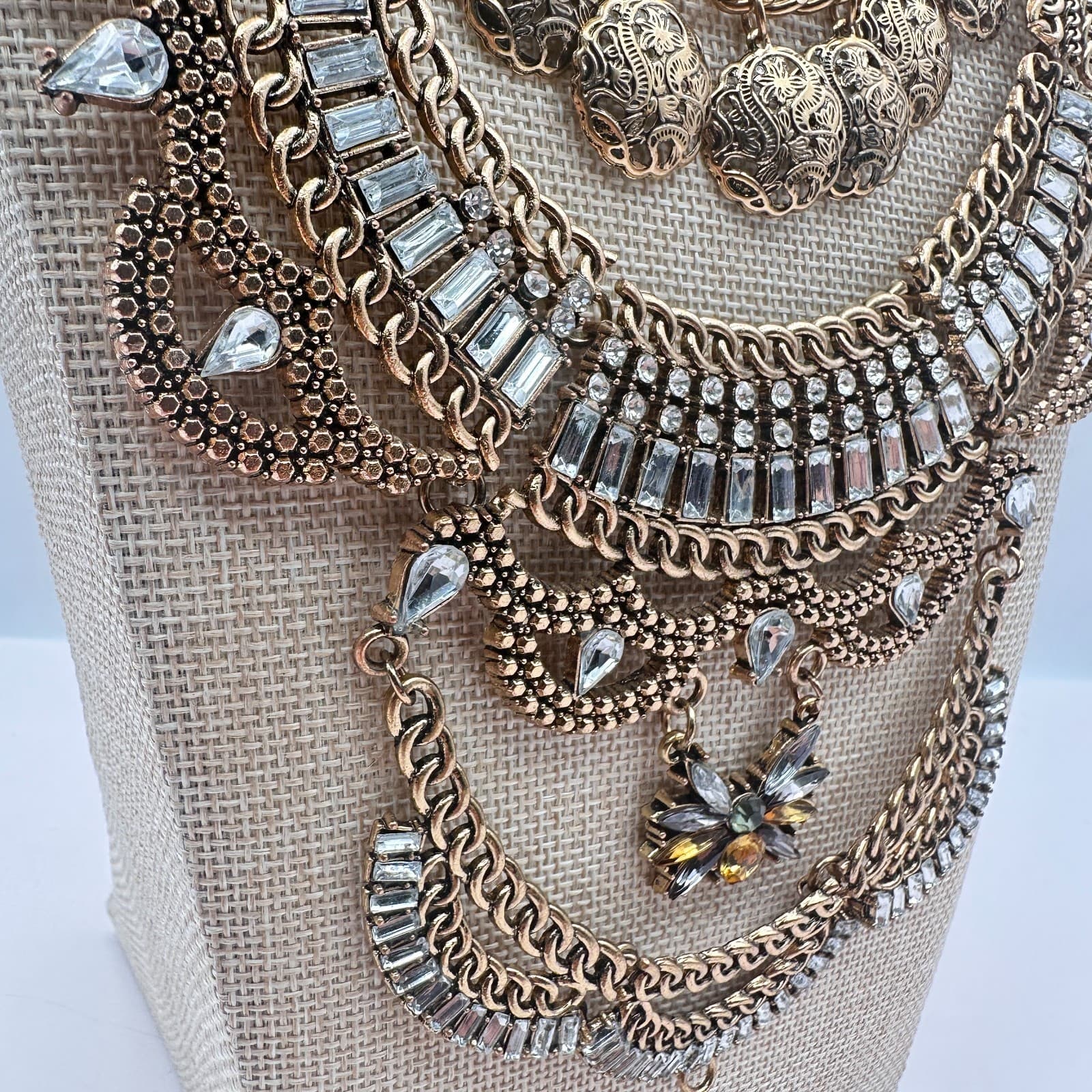 Vintage Y2k Gold Tone Multi Layer Statement Necklace Rhinestones Discs Jewelry - Thumbnail 6