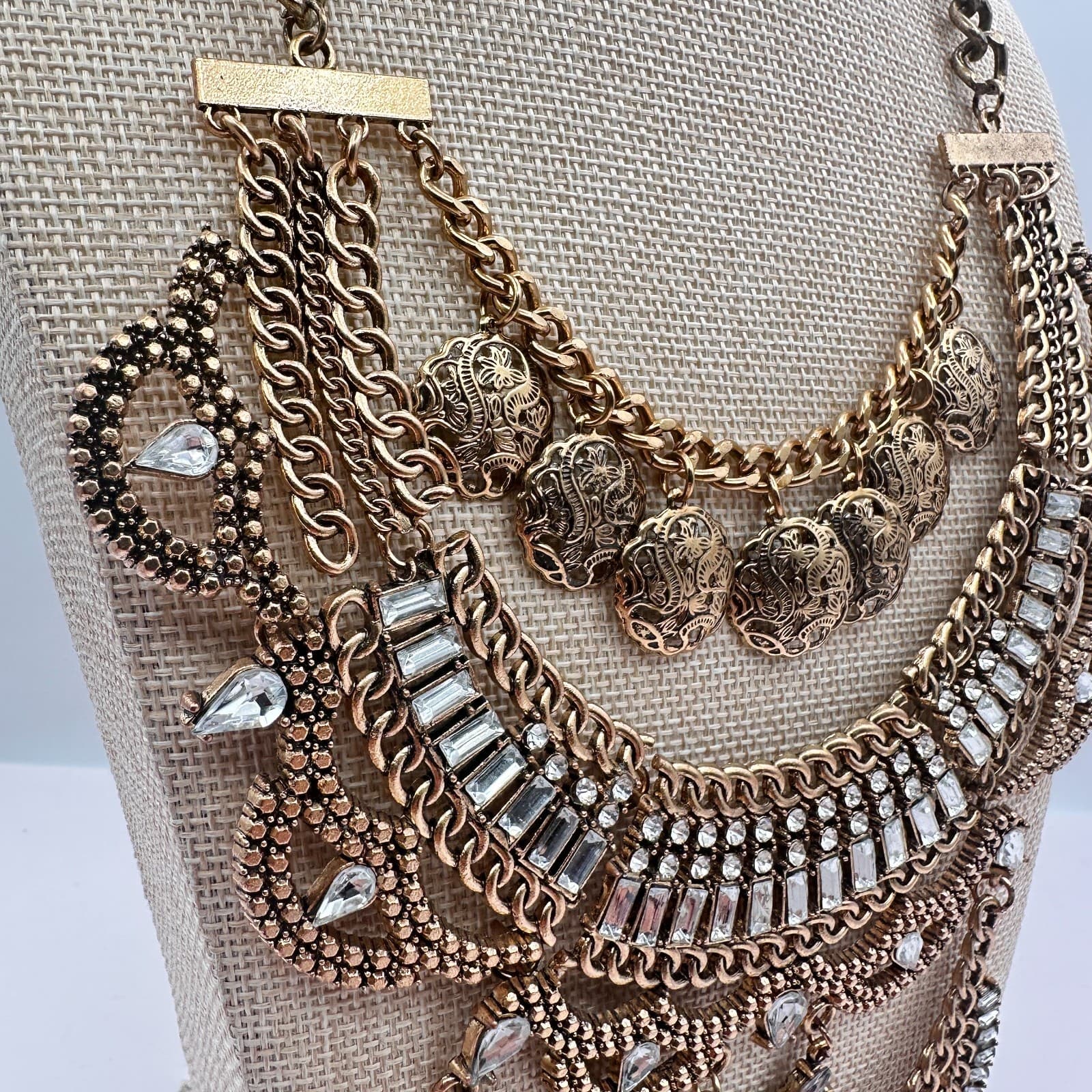 Vintage Y2k Gold Tone Multi Layer Statement Necklace Rhinestones Discs Jewelry - Thumbnail 7