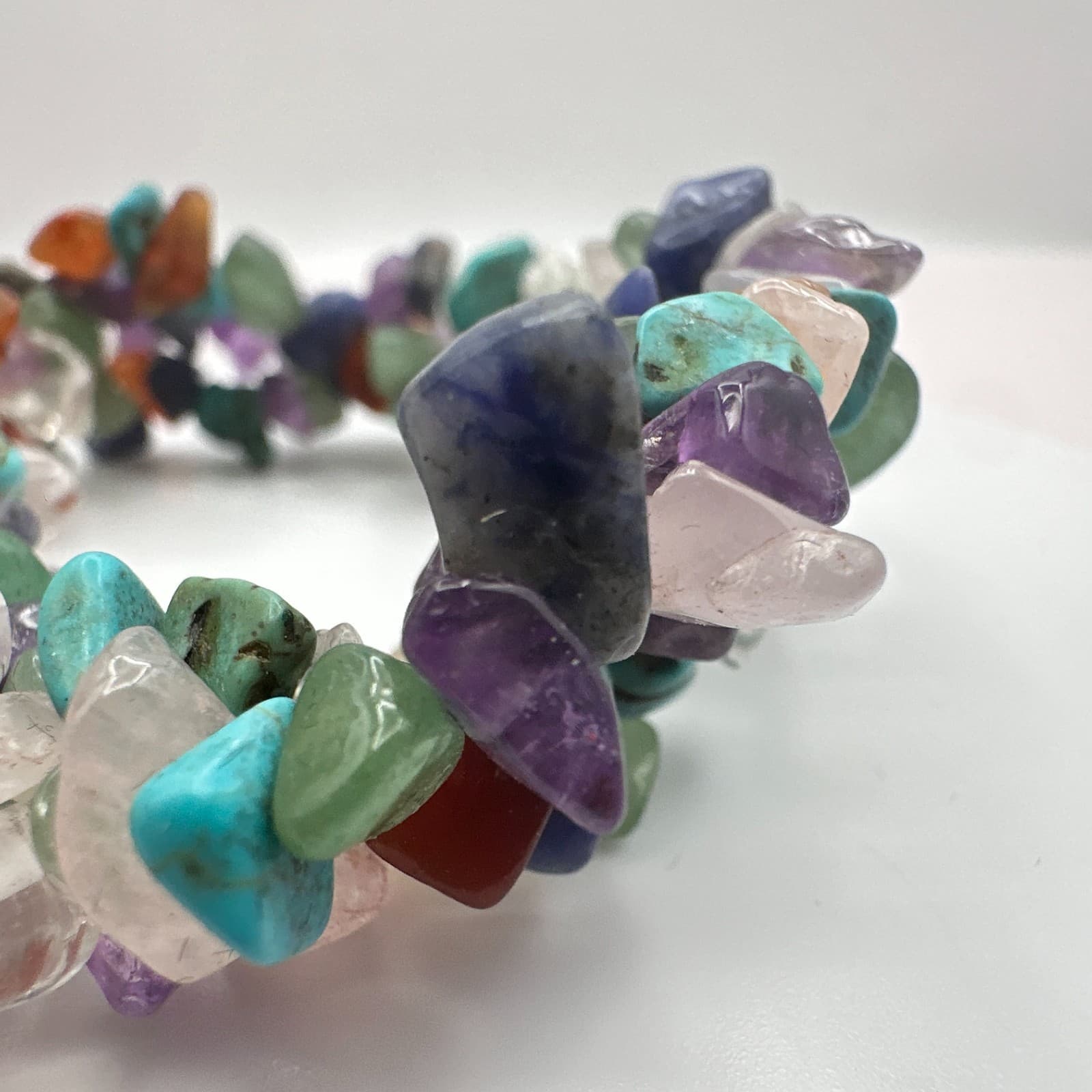 Vintage 70s Boho Stacked Chip Bracelet Amethyst Turquoise Rose Quartz Jewelry - Thumbnail 7