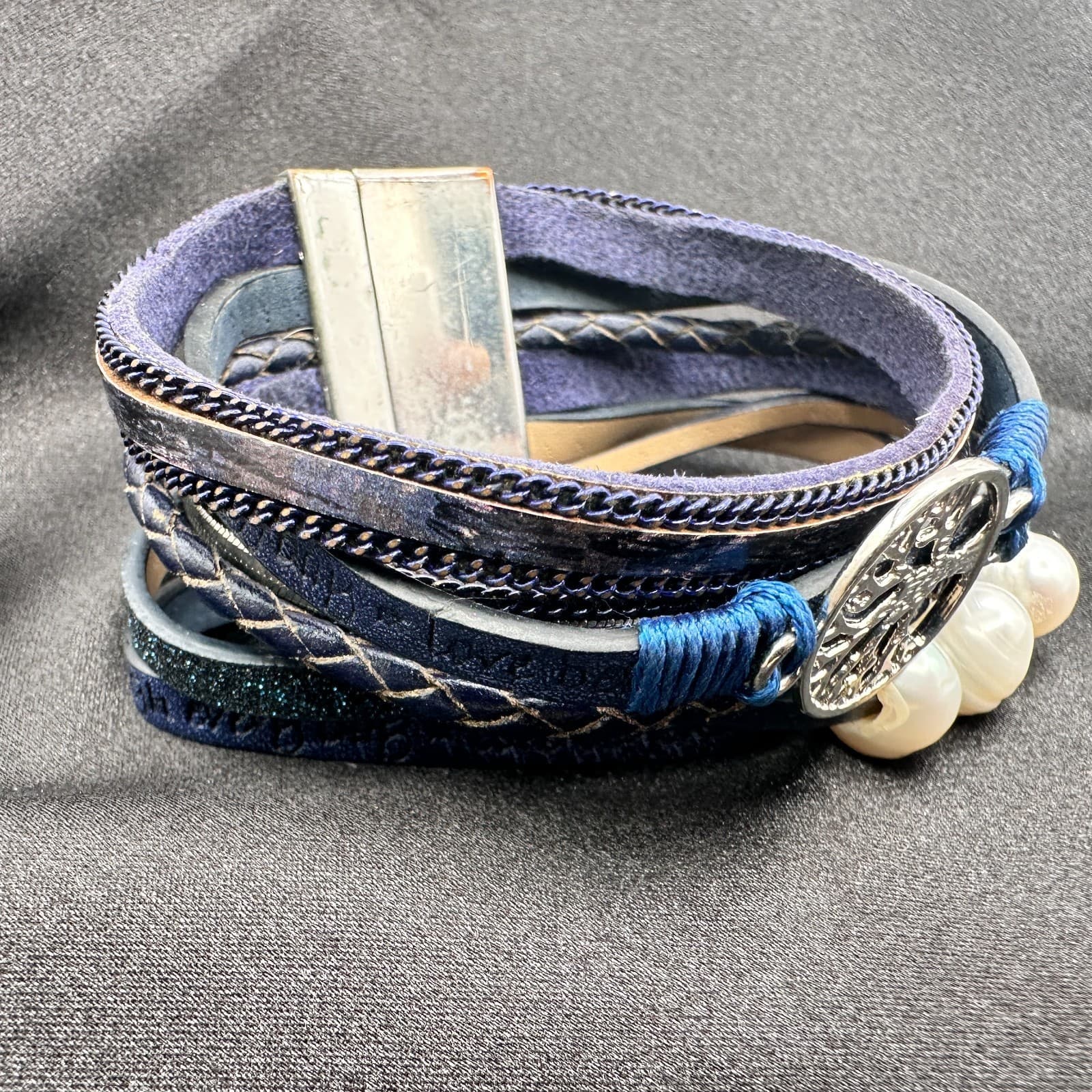 Vintage Y2K Black Laye Wrap Leather Pearl Life Tree Bracelet Silver Tone Jewelry - Thumbnail 8