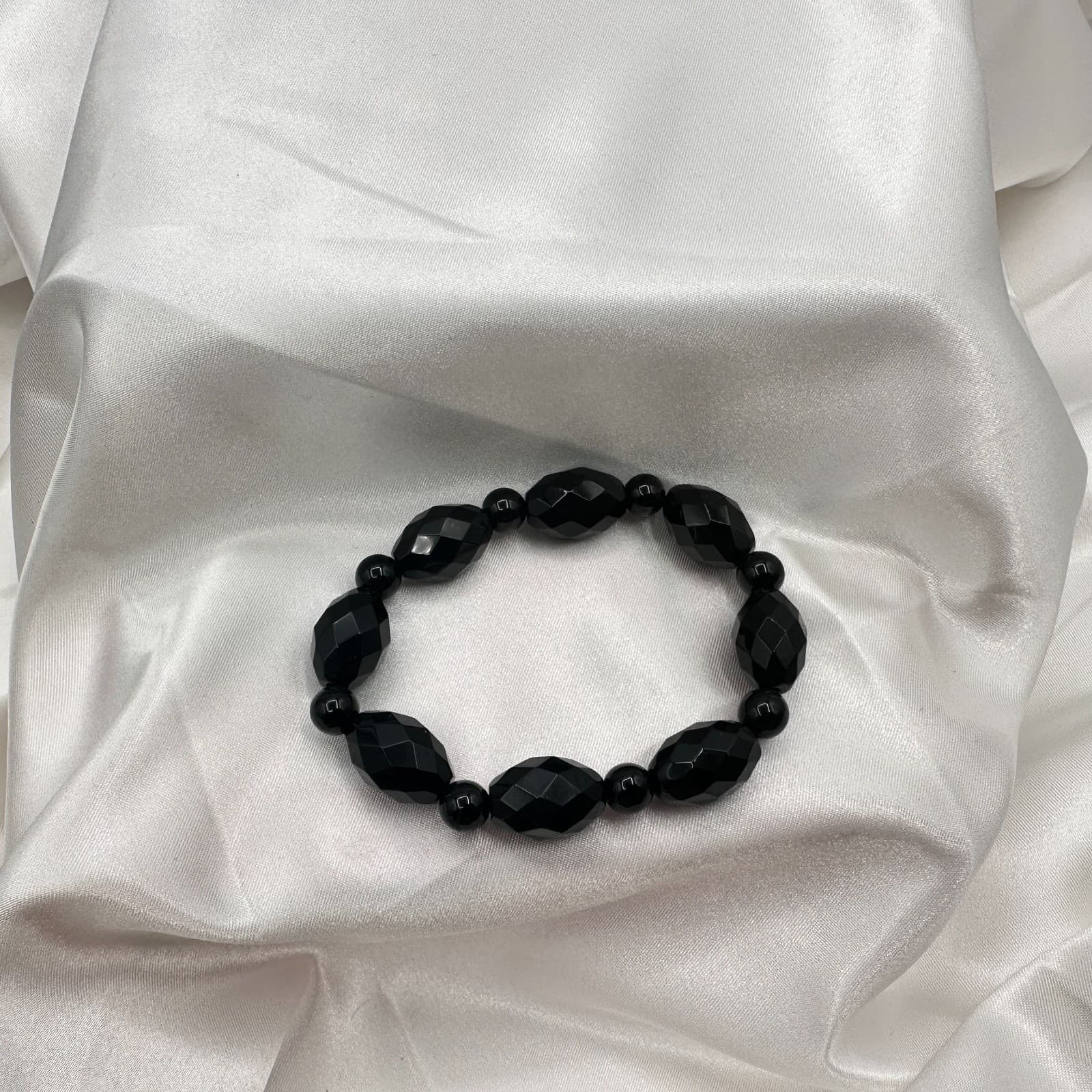 Vintage Y2K Black Faceted Glass Beaded Stretch Bracelet Classic Jewelry - Thumbnail 5