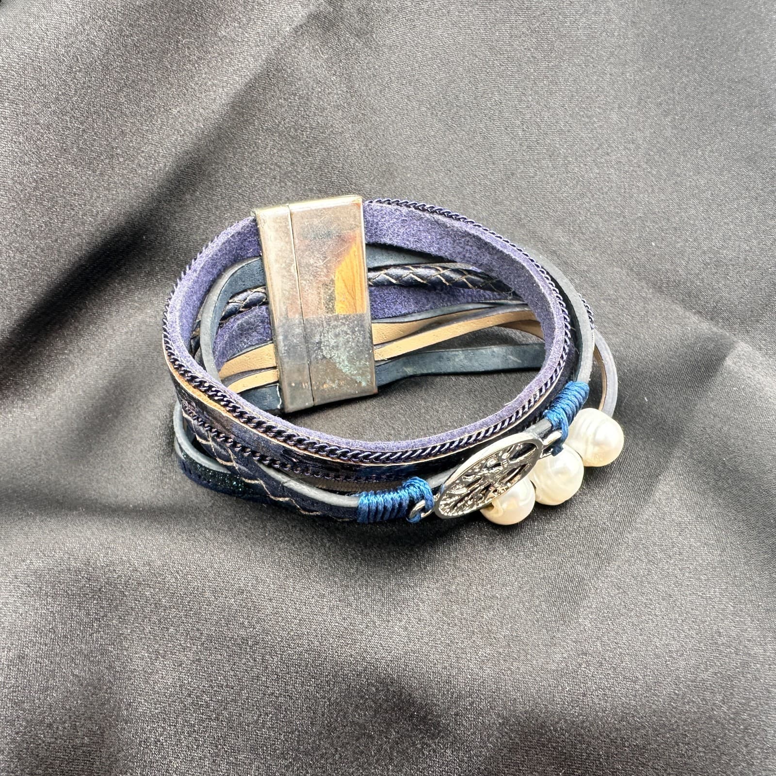Vintage Y2K Black Laye Wrap Leather Pearl Life Tree Bracelet Silver Tone Jewelry - Thumbnail 9