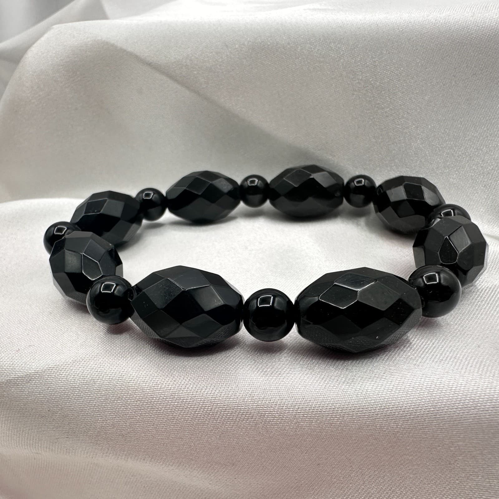 Vintage Y2K Black Faceted Glass Beaded Stretch Bracelet Classic Jewelry - Thumbnail 4