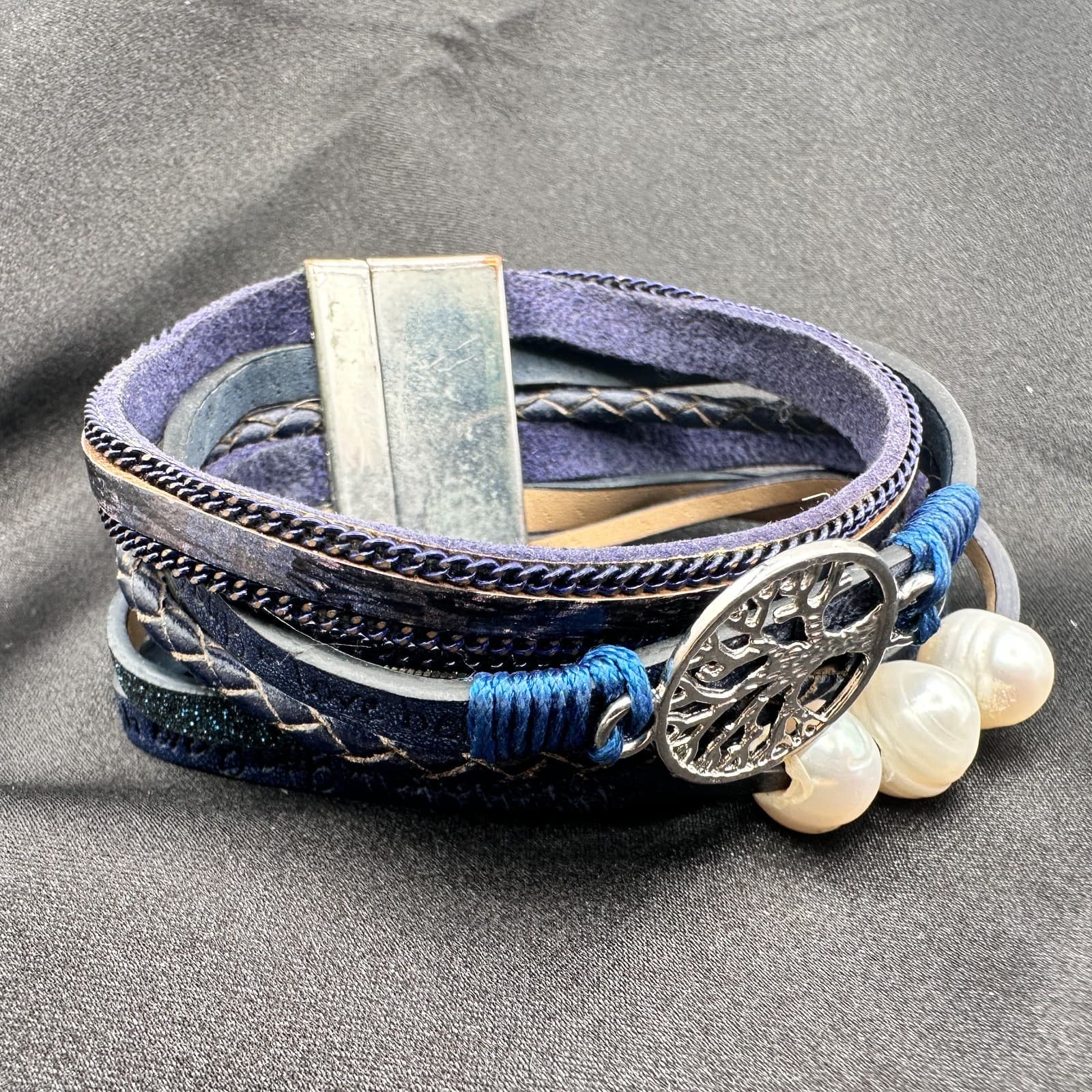 Vintage Y2K Black Laye Wrap Leather Pearl Life Tree Bracelet Silver Tone Jewelry - Thumbnail 7