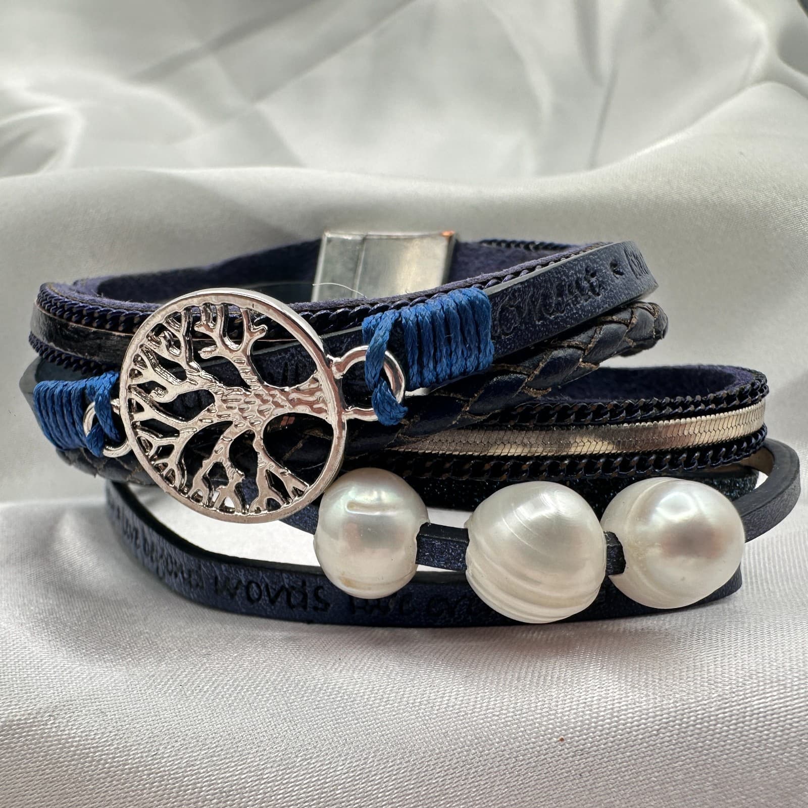 Vintage Y2K Black Laye Wrap Leather Pearl Life Tree Bracelet Silver Tone Jewelry - Thumbnail 5