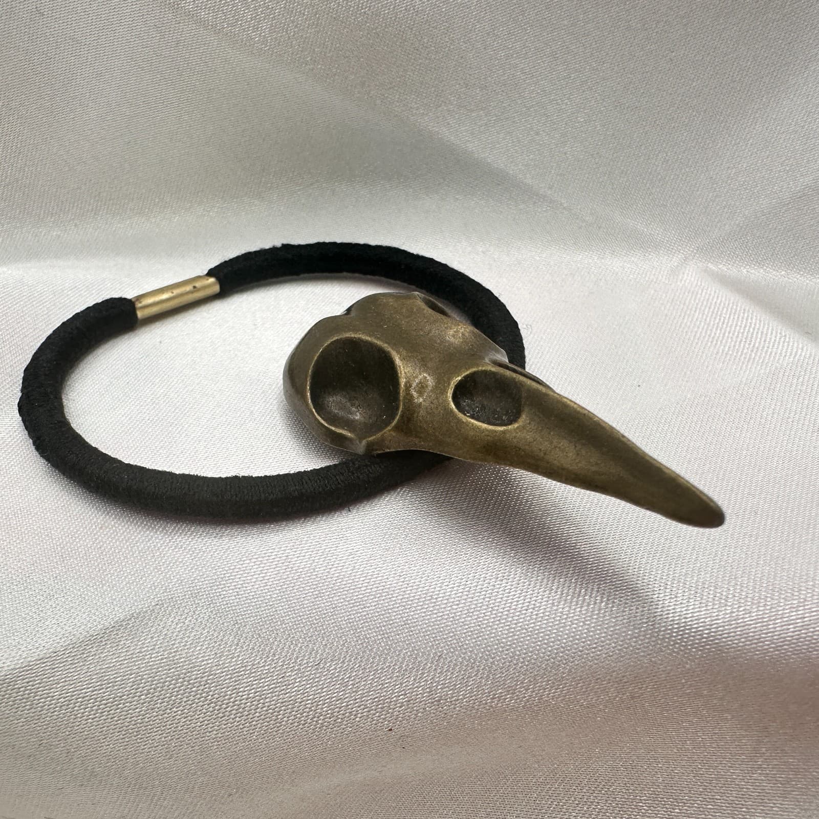 Vintage Y2K Bronze Tone Crow Skull Up Elastic Hair Band Halloween Hair Accessory - Thumbnail 4