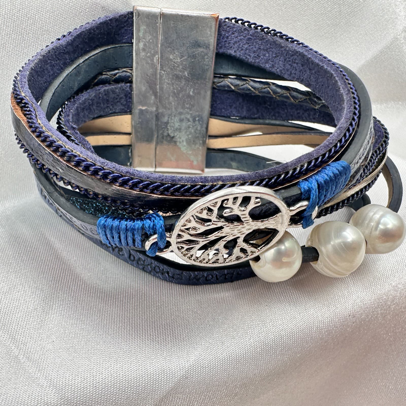 Vintage Y2K Black Laye Wrap Leather Pearl Life Tree Bracelet Silver Tone Jewelry - Thumbnail 4
