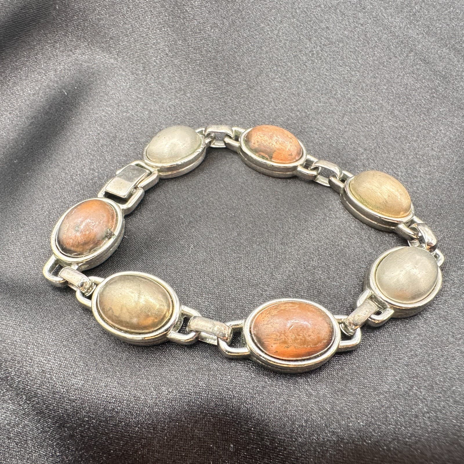 Vintage Y2K Silver Tone Polycrome Oval Cabochon Link Bracelet Classic Jewelry - Thumbnail 5