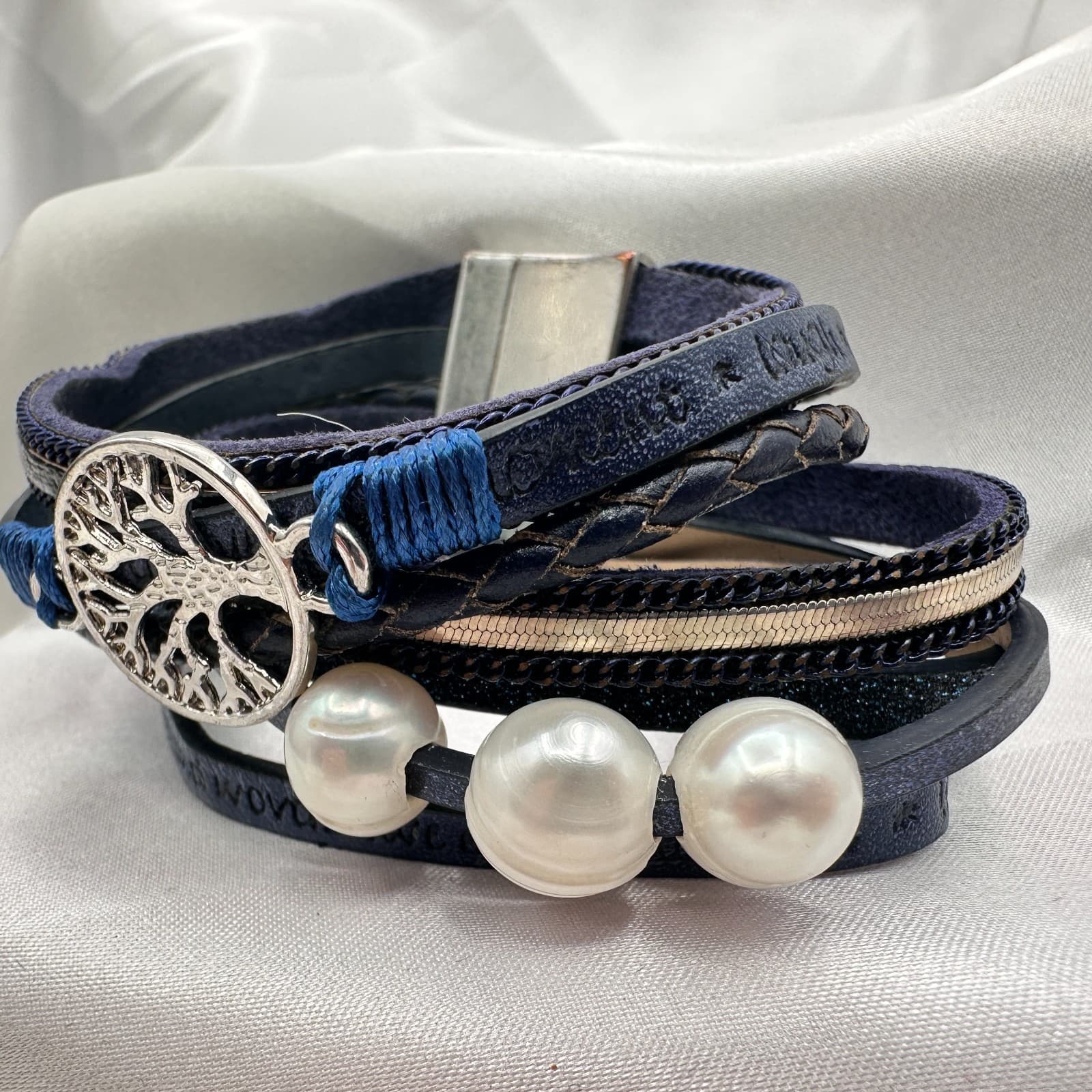 Vintage Y2K Black Laye Wrap Leather Pearl Life Tree Bracelet Silver Tone Jewelry - Thumbnail 3