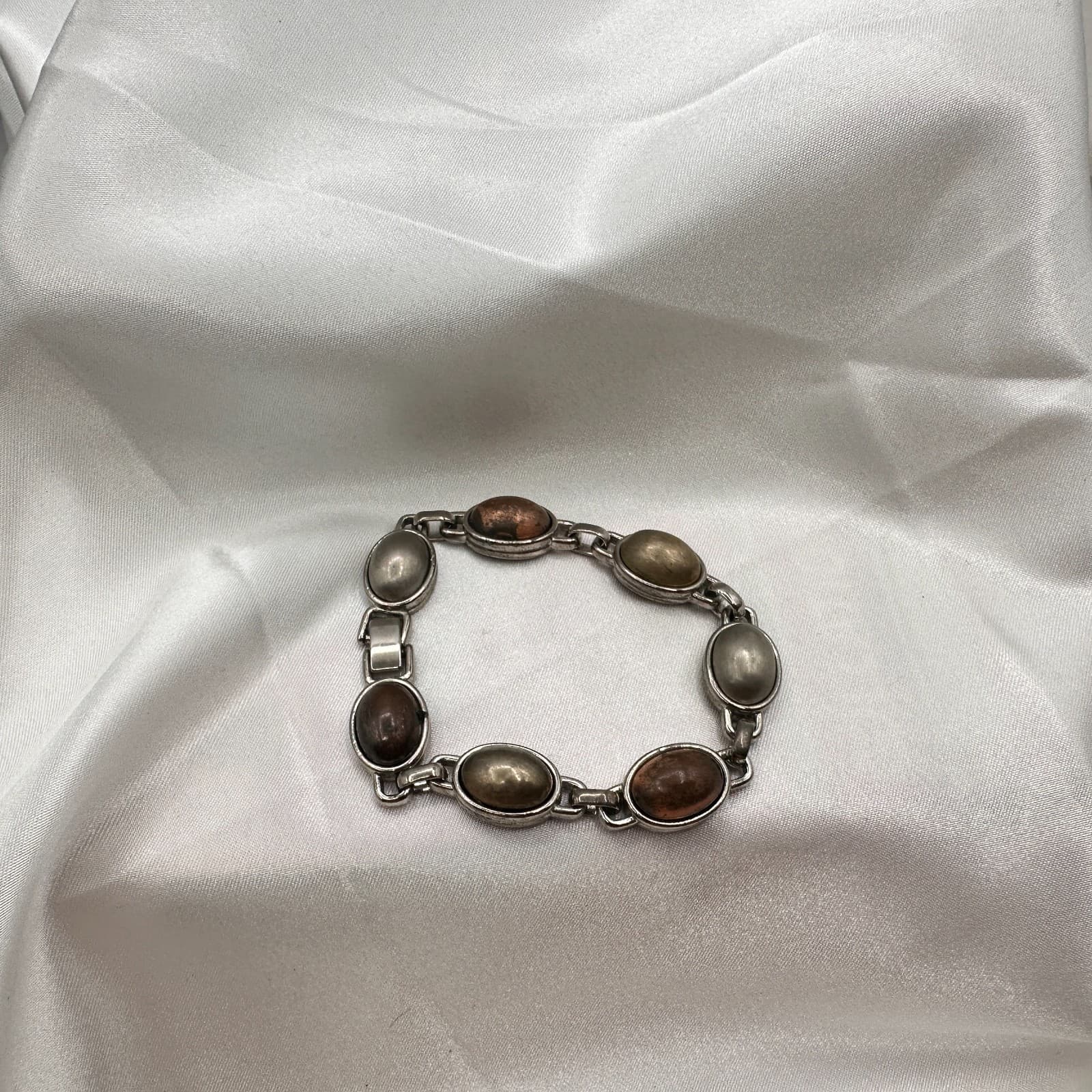 Vintage Y2K Silver Tone Polycrome Oval Cabochon Link Bracelet Classic Jewelry - Thumbnail 4