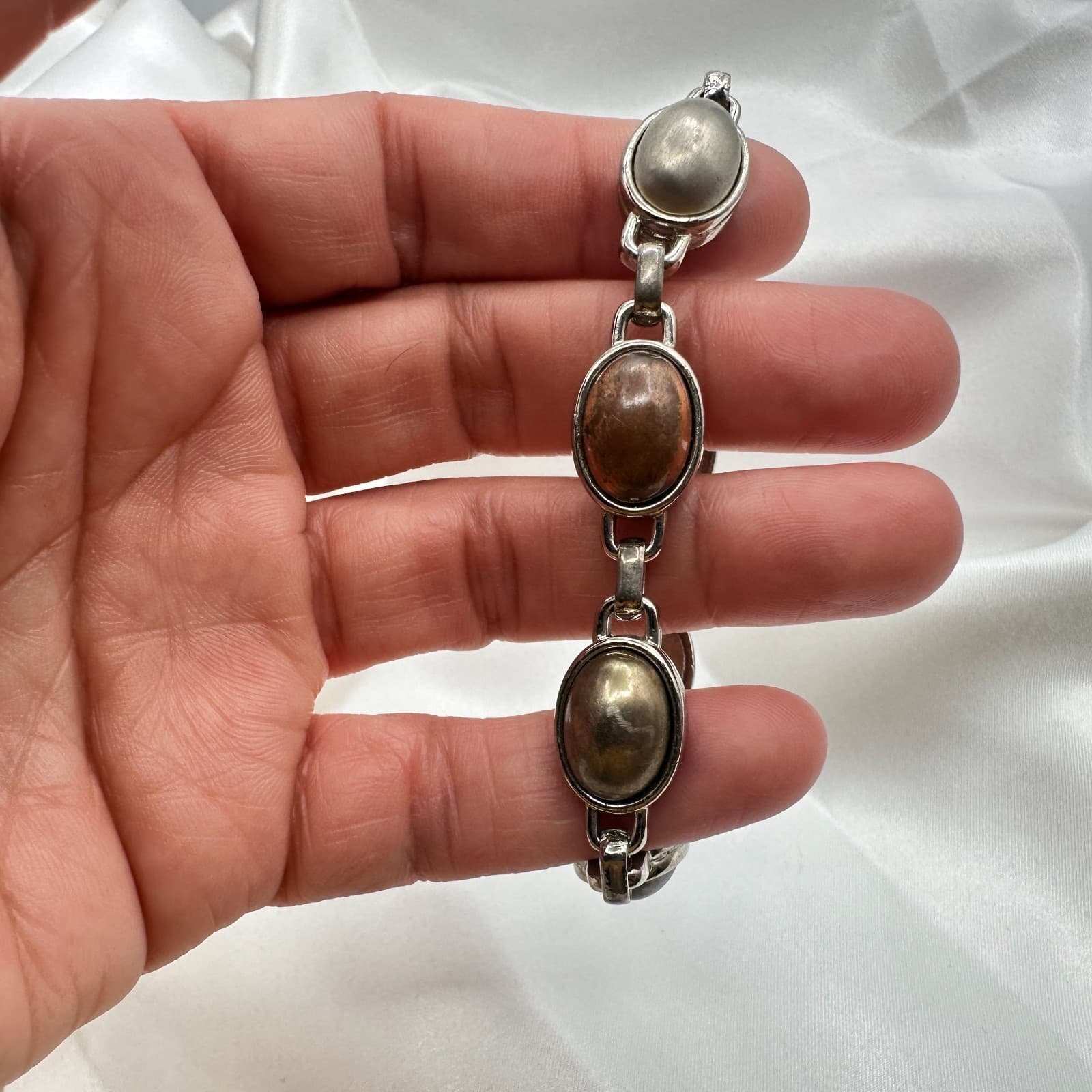 Vintage Y2K Silver Tone Polycrome Oval Cabochon Link Bracelet Classic Jewelry - Thumbnail 7