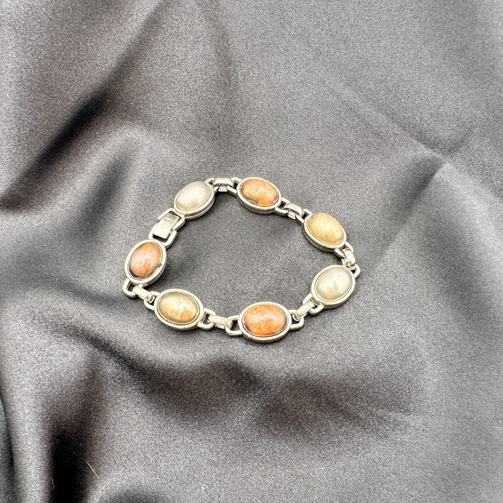 Vintage Y2K Silver Tone Polycrome Oval Cabochon Link Bracelet Classic Jewelry - Thumbnail 6