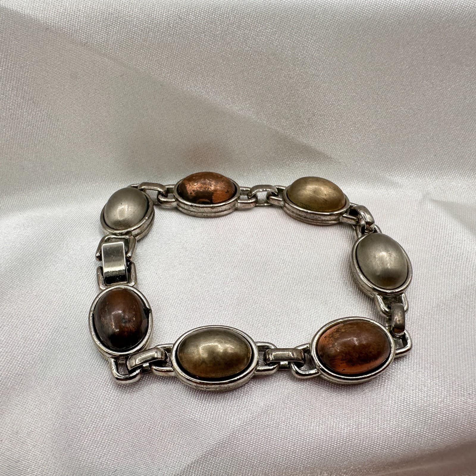Vintage Y2K Silver Tone Polycrome Oval Cabochon Link Bracelet Classic Jewelry - Thumbnail 9