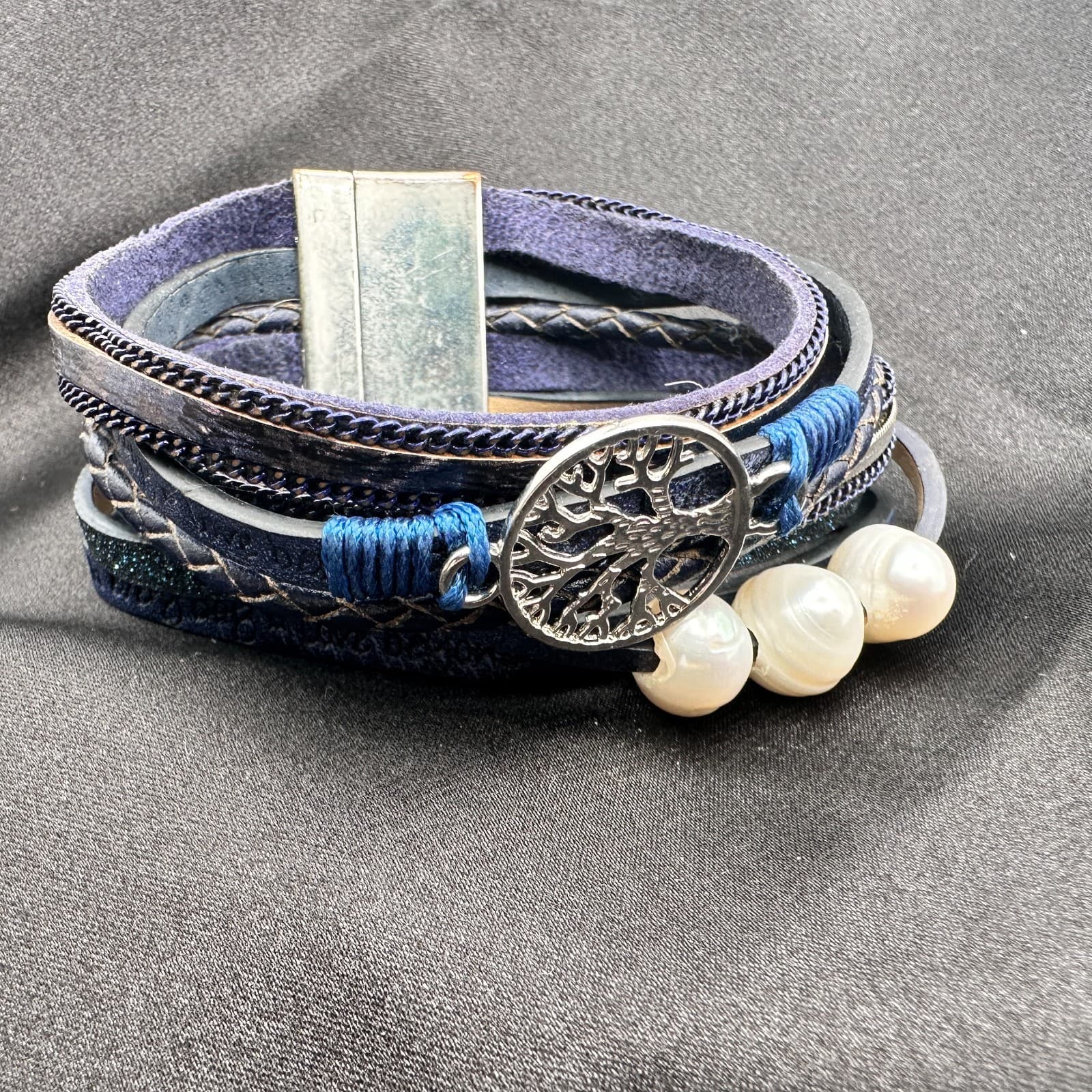 Vintage Y2K Black Laye Wrap Leather Pearl Life Tree Bracelet Silver Tone Jewelry - Thumbnail 10