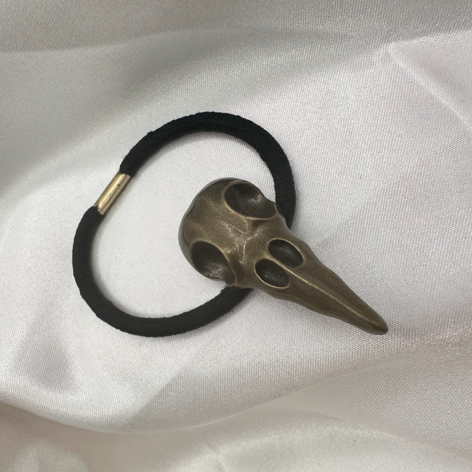 Vintage Y2K Bronze Tone Crow Skull Up Elastic Hair Band Halloween Hair Accessory - Thumbnail 5