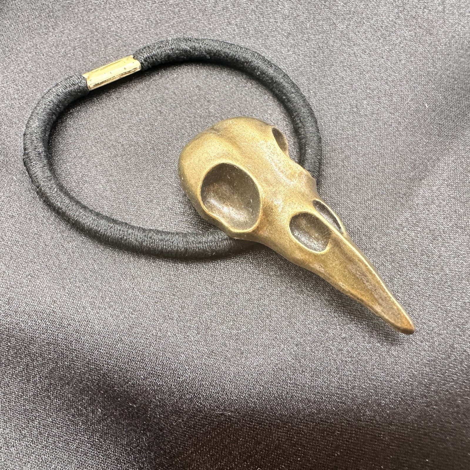 Vintage Y2K Bronze Tone Crow Skull Up Elastic Hair Band Halloween Hair Accessory - Thumbnail 7