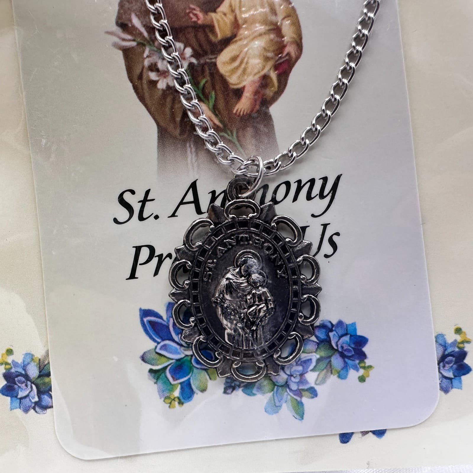 Vintage 90s St. Anthony Religious Medal Necklace Silver Tone Catholic Prayer - Thumbnail 3
