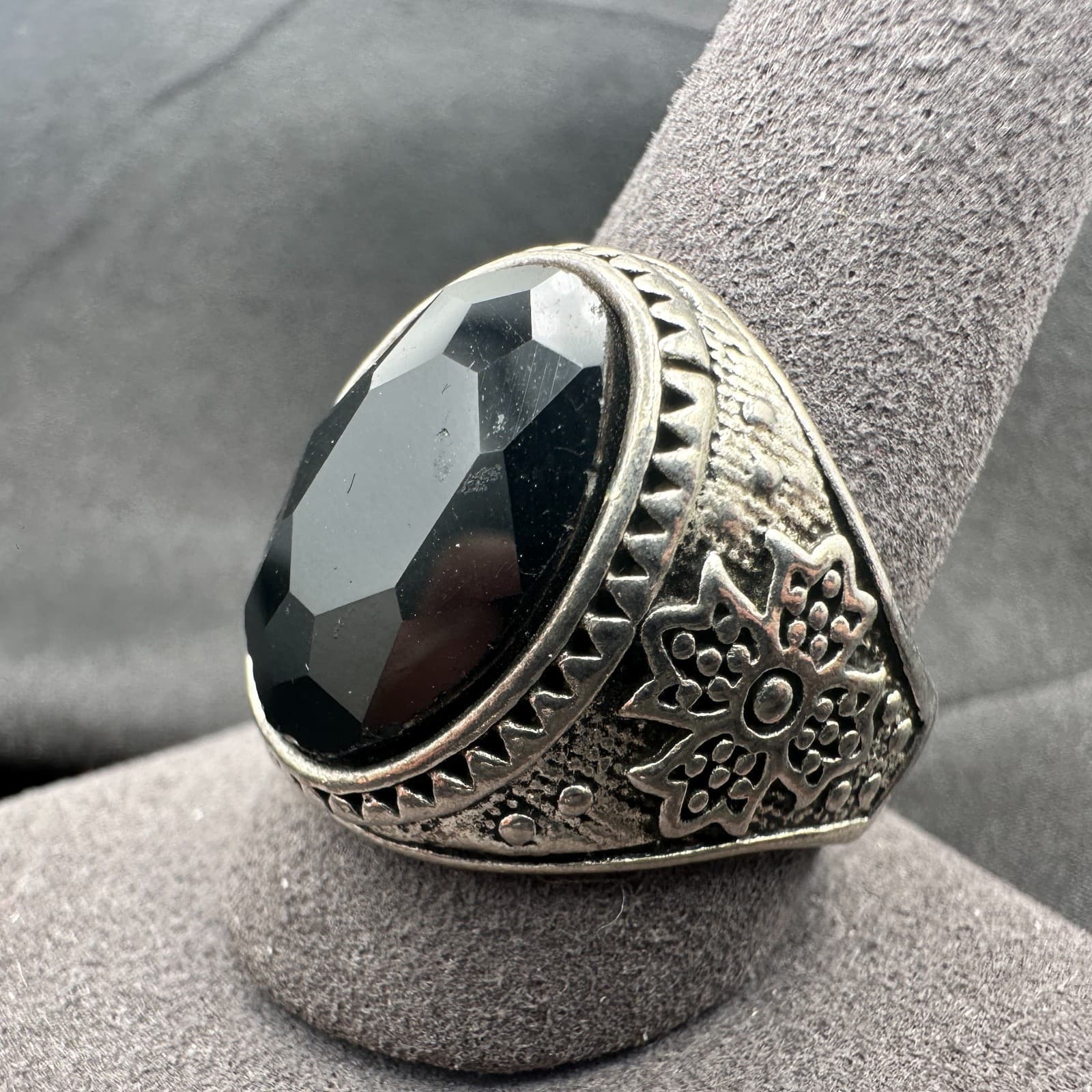 Vintage Y2K Filigree Silver Tone Black Onyx Stone Ring Men's Classic Jewelry - Thumbnail 7