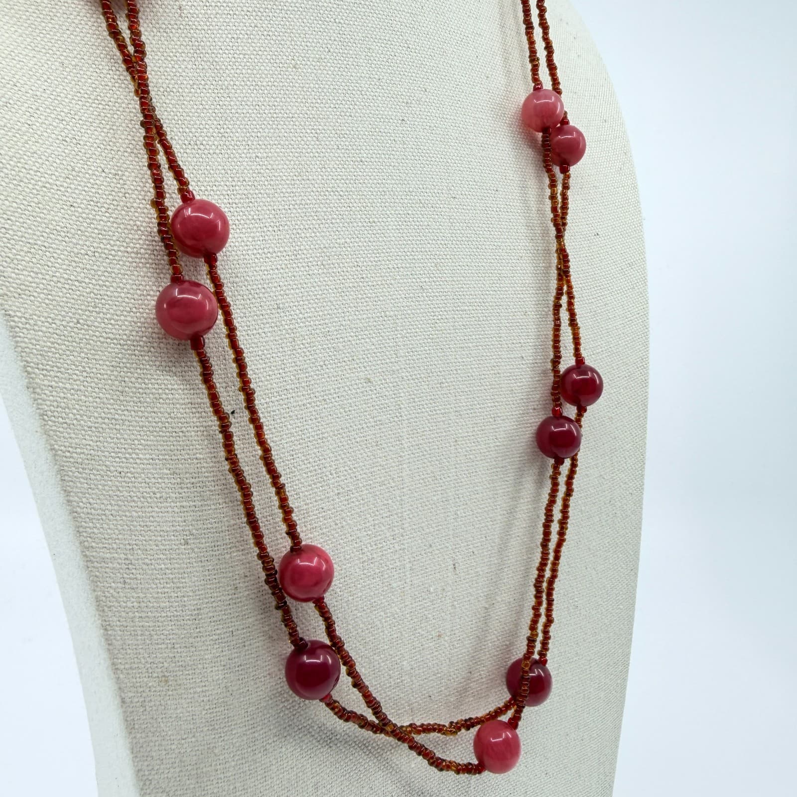 Vintage Red Cat Eye Beaded Necklace Double Strand Seed Bead Station Statement - Thumbnail 6