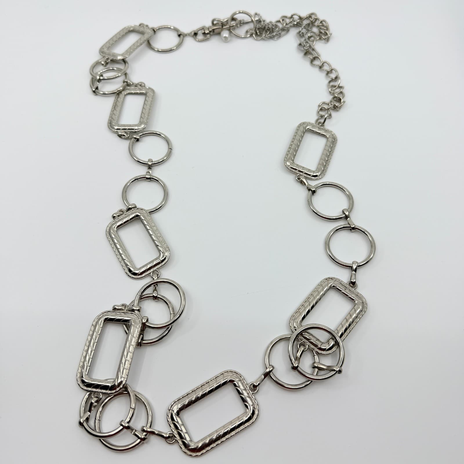 Vintage Silver Tone Chunky Chain Necklace Geometric Square Link Statement Y2K - Thumbnail 5