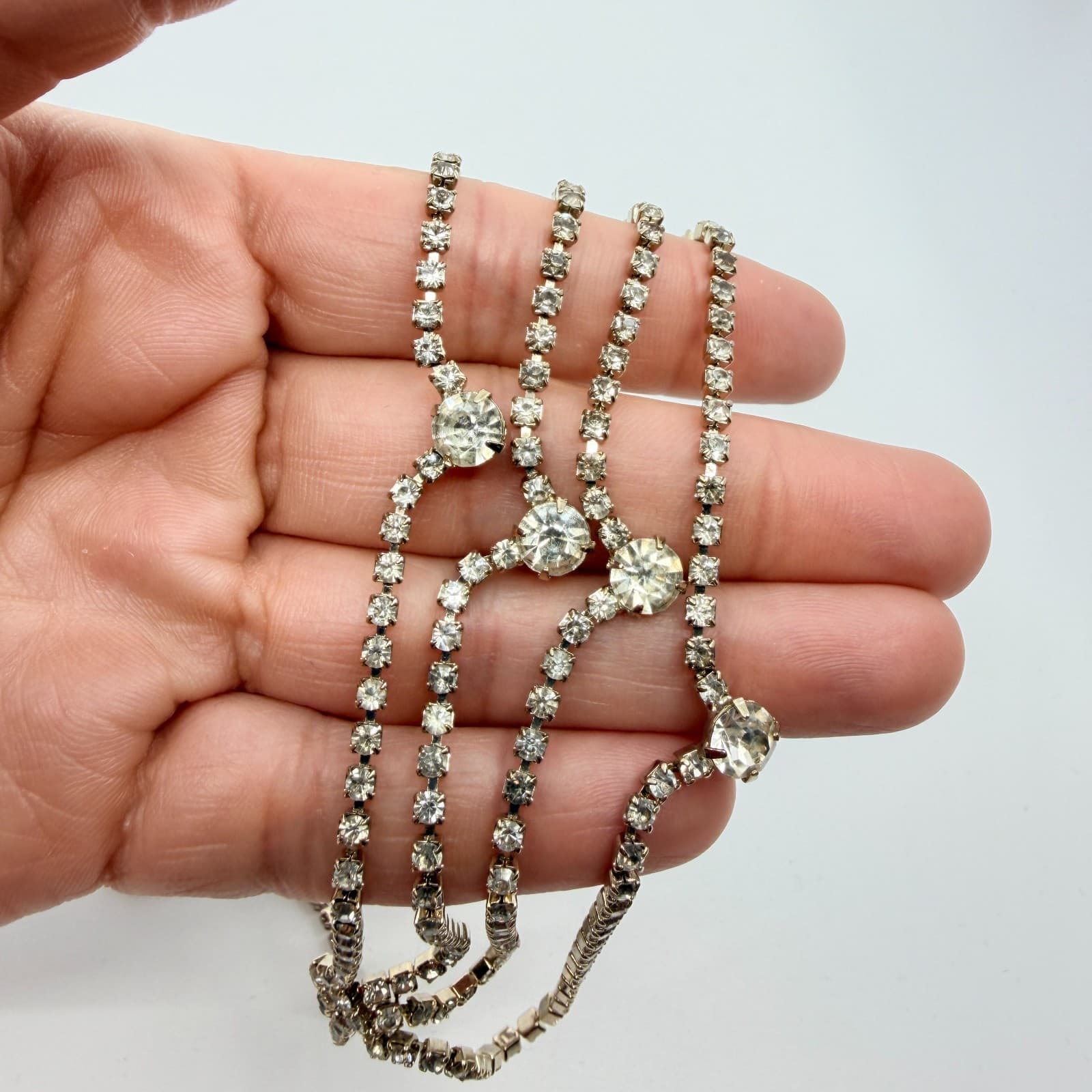 Vintage Clear Rhinestone Necklace Silver Tone Tiered V Shape Bib Statement Bold - Thumbnail 8