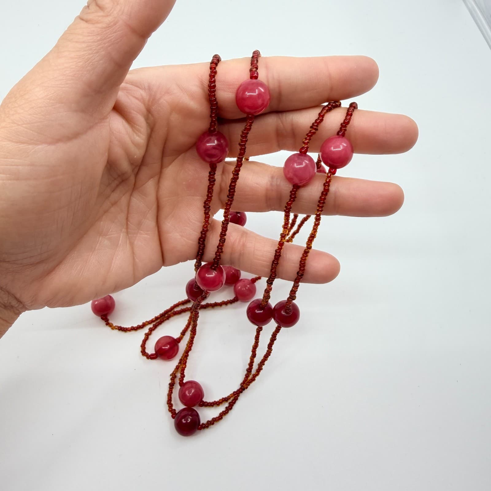 Vintage Red Cat Eye Beaded Necklace Double Strand Seed Bead Station Statement - Thumbnail 7