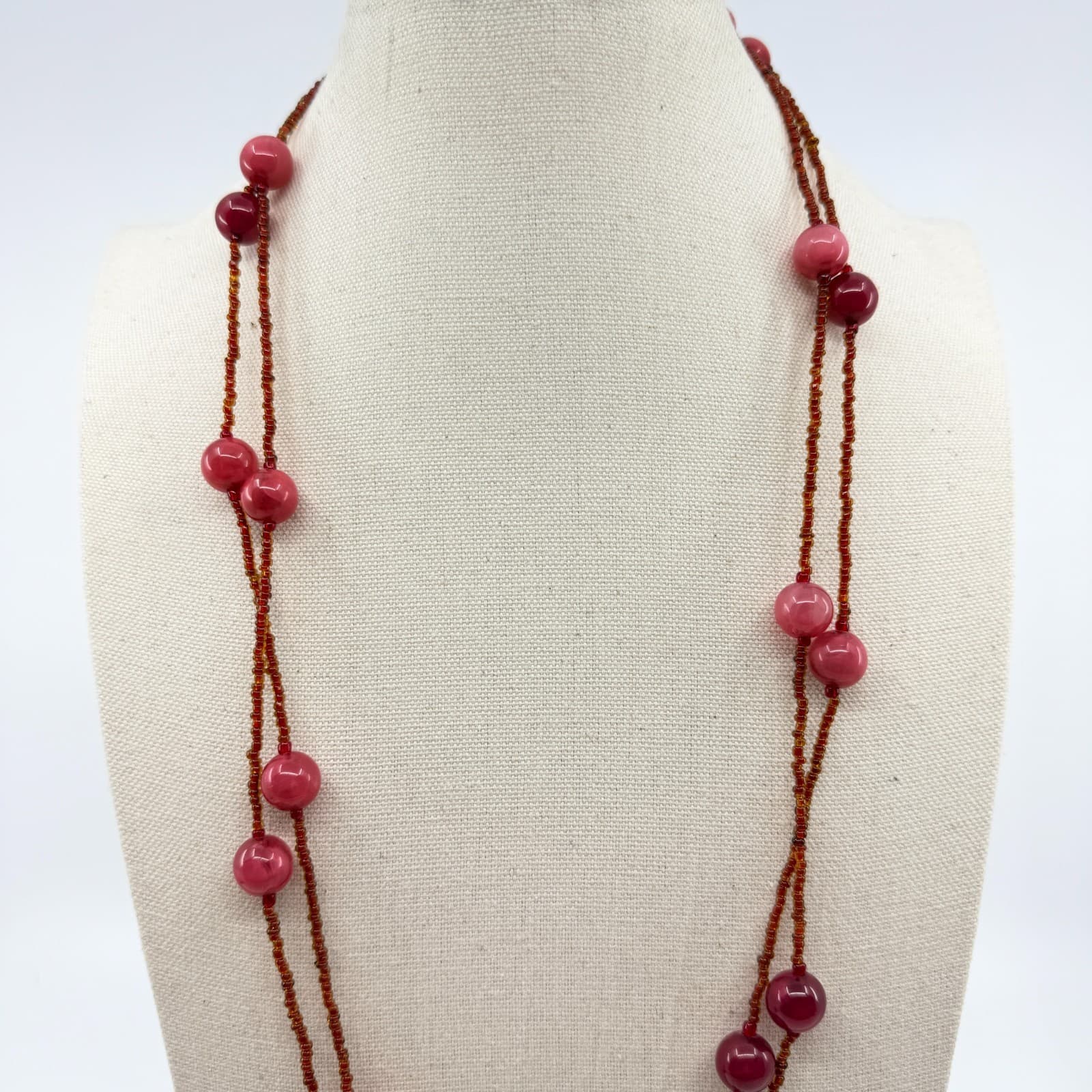 Vintage Red Cat Eye Beaded Necklace Double Strand Seed Bead Station Statement - Thumbnail 4