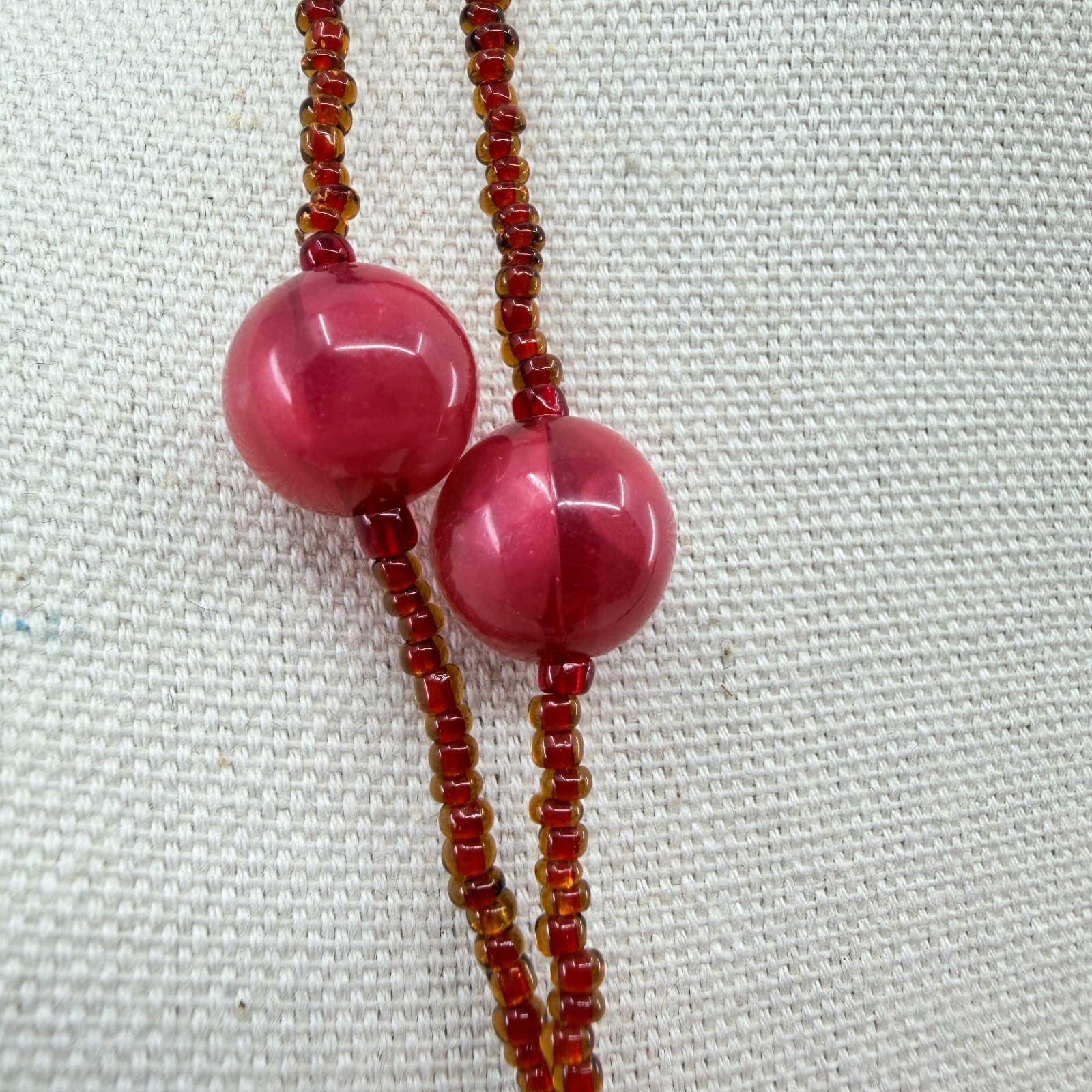 Vintage Red Cat Eye Beaded Necklace Double Strand Seed Bead Station Statement - Thumbnail 5