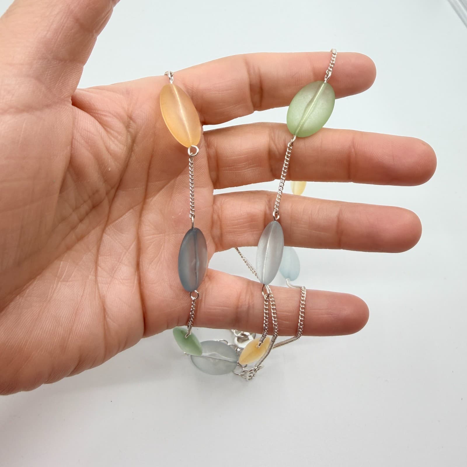 Vintage Silver Tone Frosted Glass Necklace Multi Color Station Long Strand Boho - Thumbnail 7