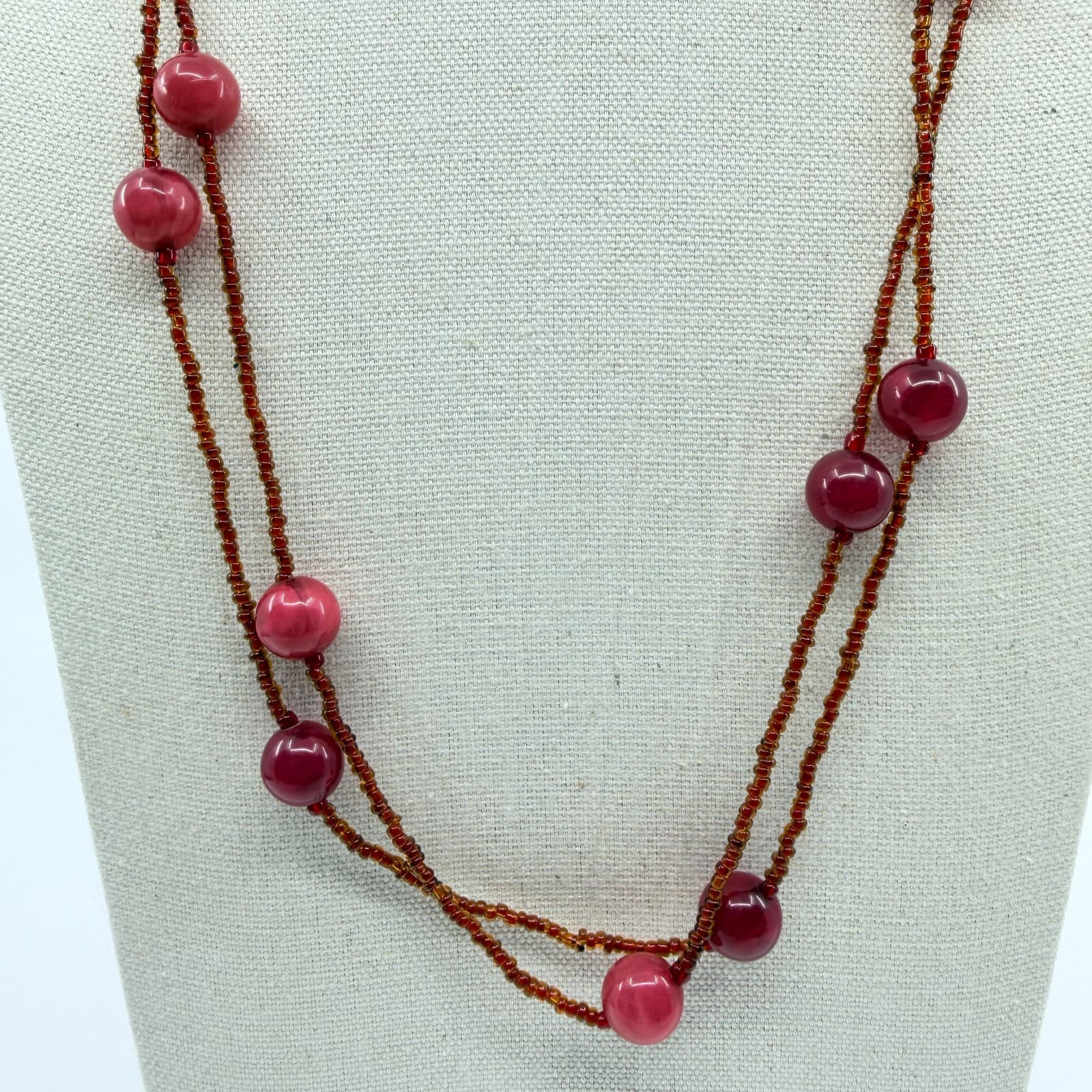 Vintage Red Cat Eye Beaded Necklace Double Strand Seed Bead Station Statement - Thumbnail 2
