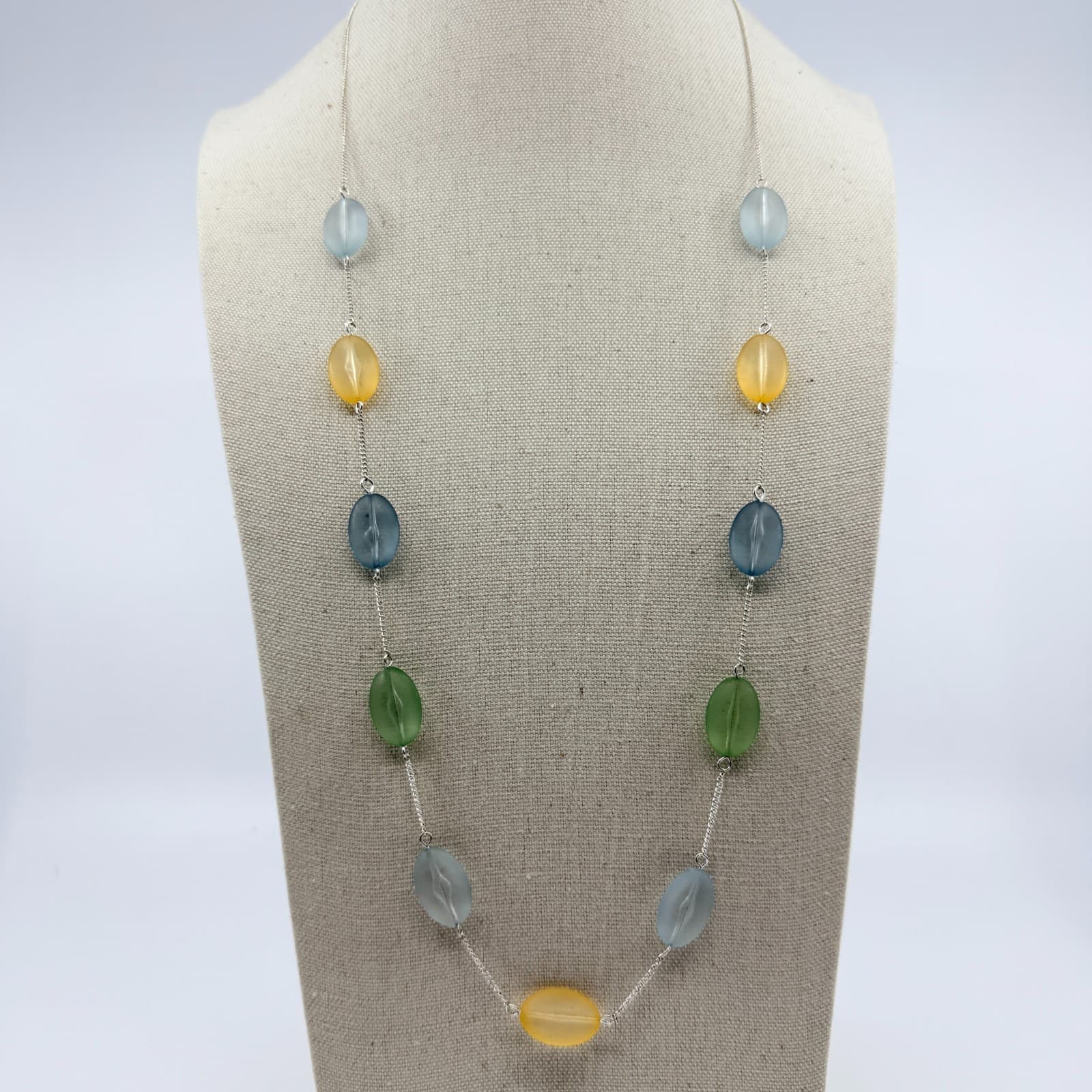 Vintage Silver Tone Frosted Glass Necklace Multi Color Station Long Strand Boho - Thumbnail 3