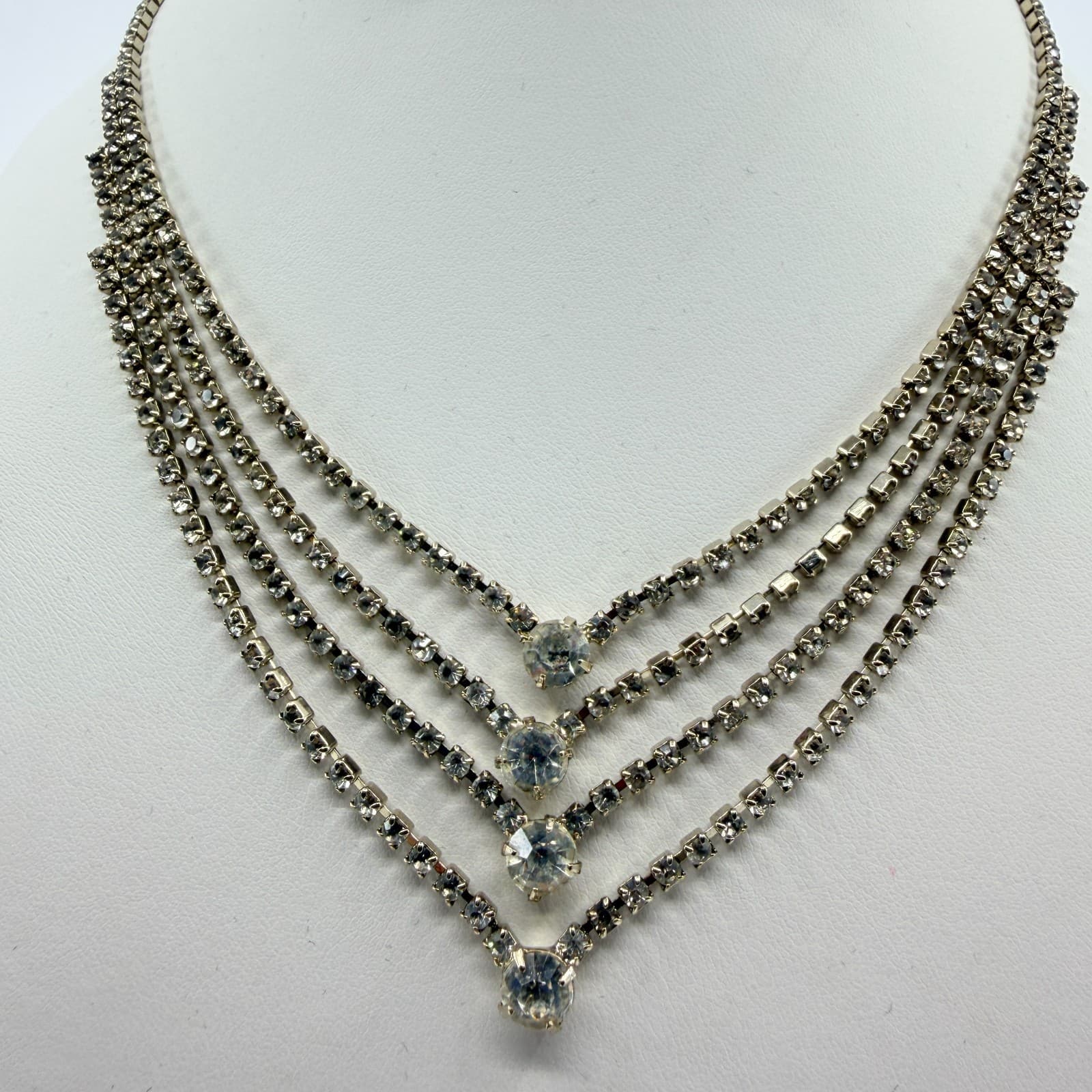 Vintage Clear Rhinestone Necklace Silver Tone Tiered V Shape Bib Statement Bold - Thumbnail 2