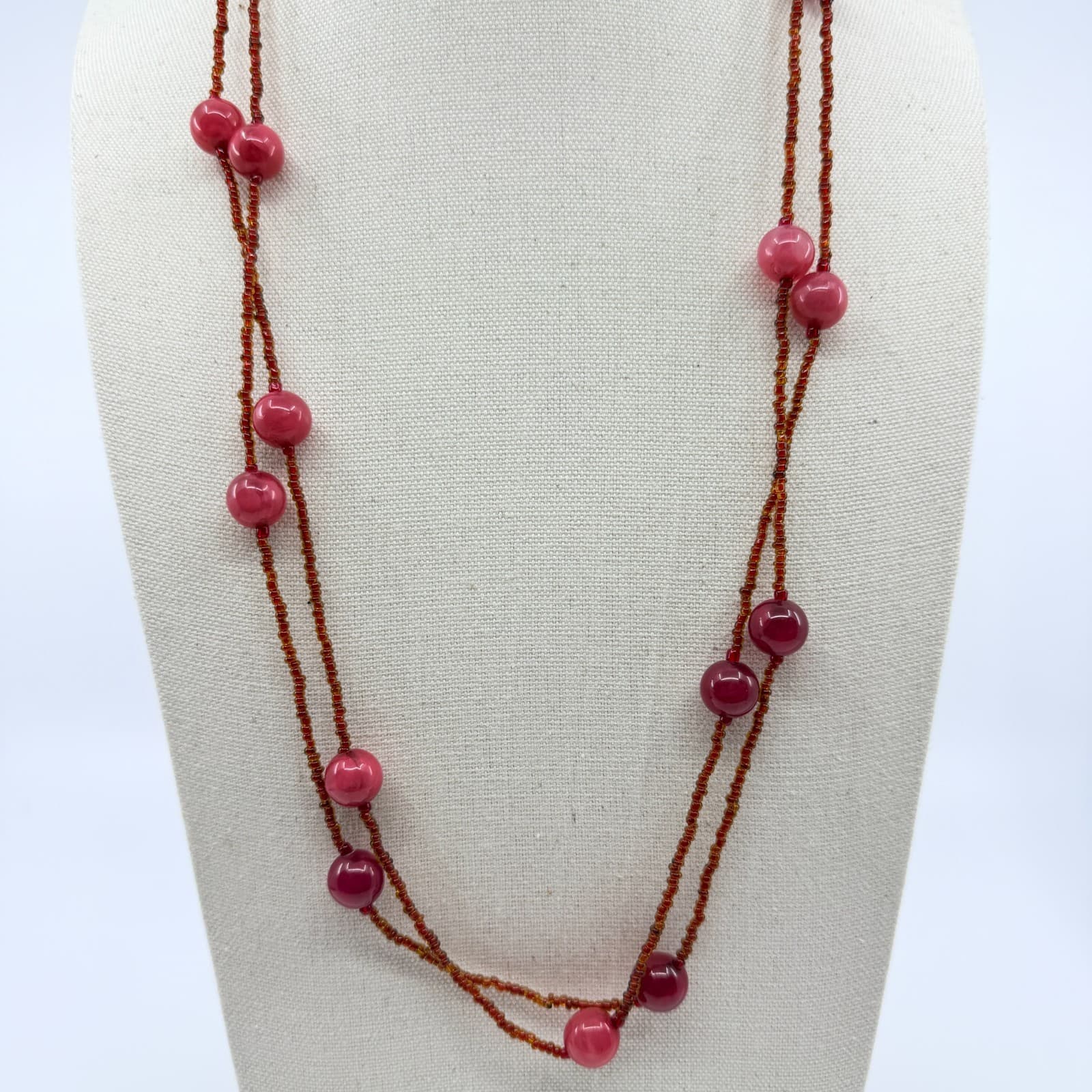 Vintage Red Cat Eye Beaded Necklace Double Strand Seed Bead Station Statement - Thumbnail 3