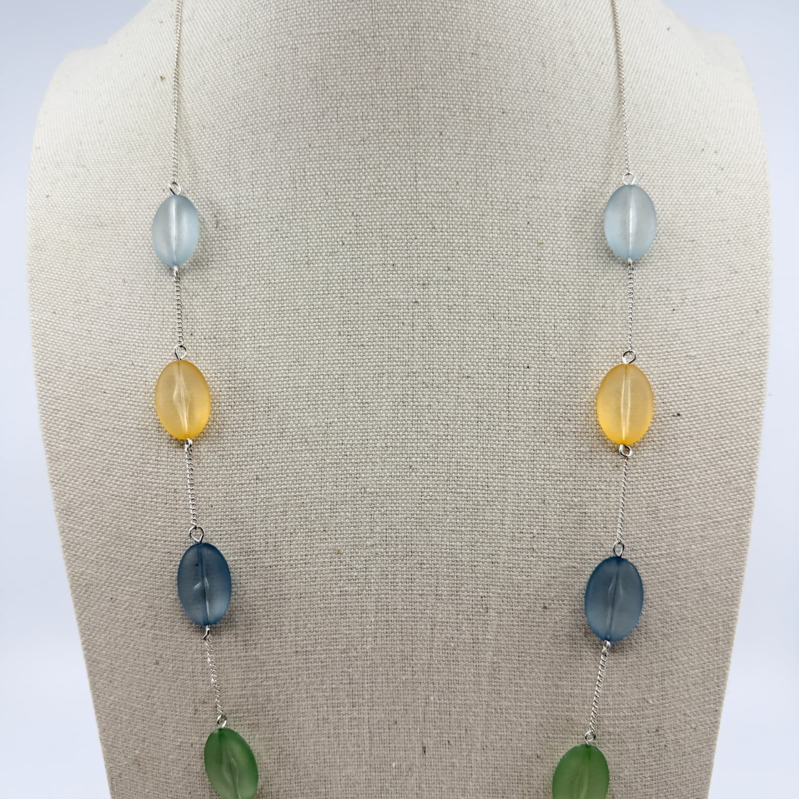 Vintage Silver Tone Frosted Glass Necklace Multi Color Station Long Strand Boho - Thumbnail 2