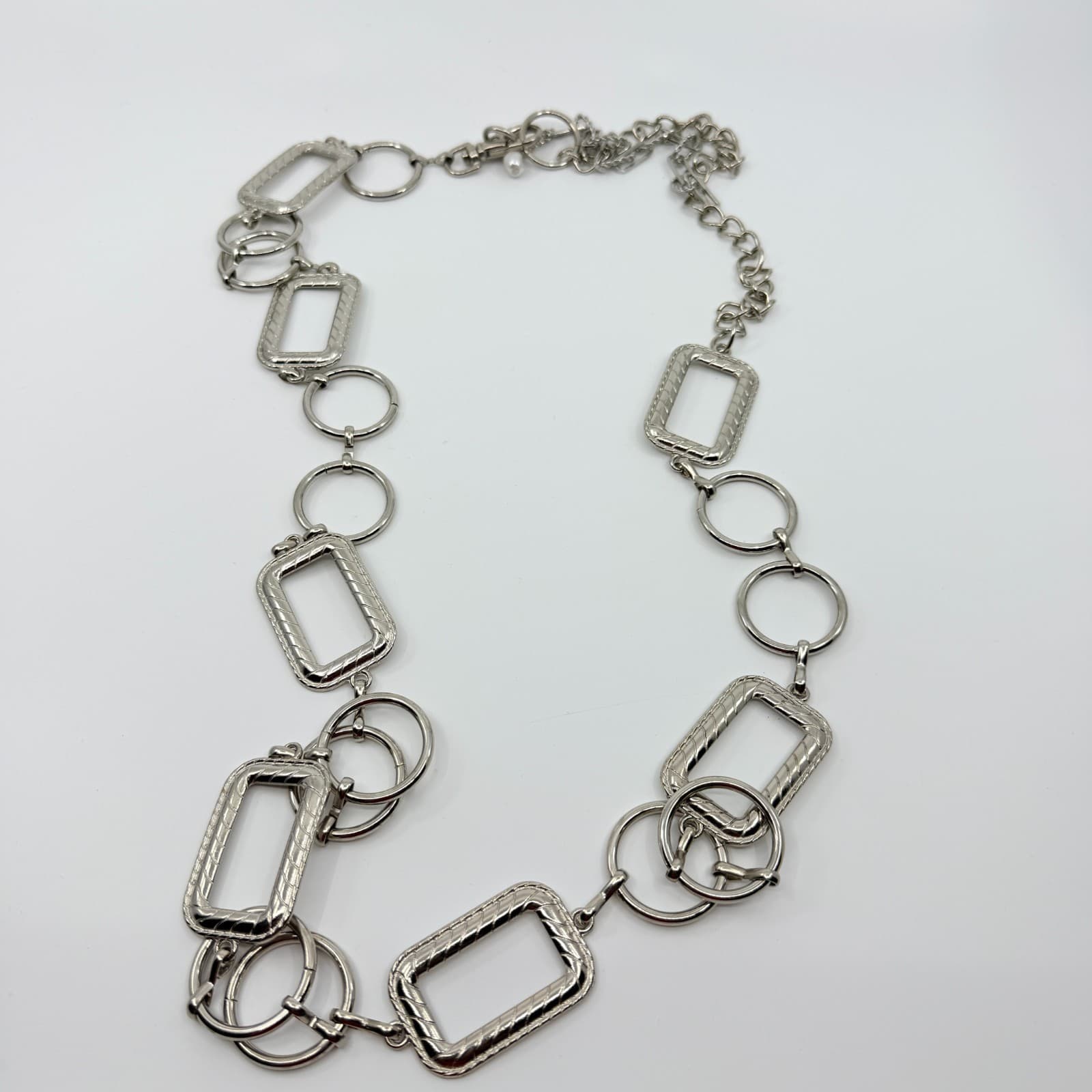 Vintage Silver Tone Chunky Chain Necklace Geometric Square Link Statement Y2K - Thumbnail 8
