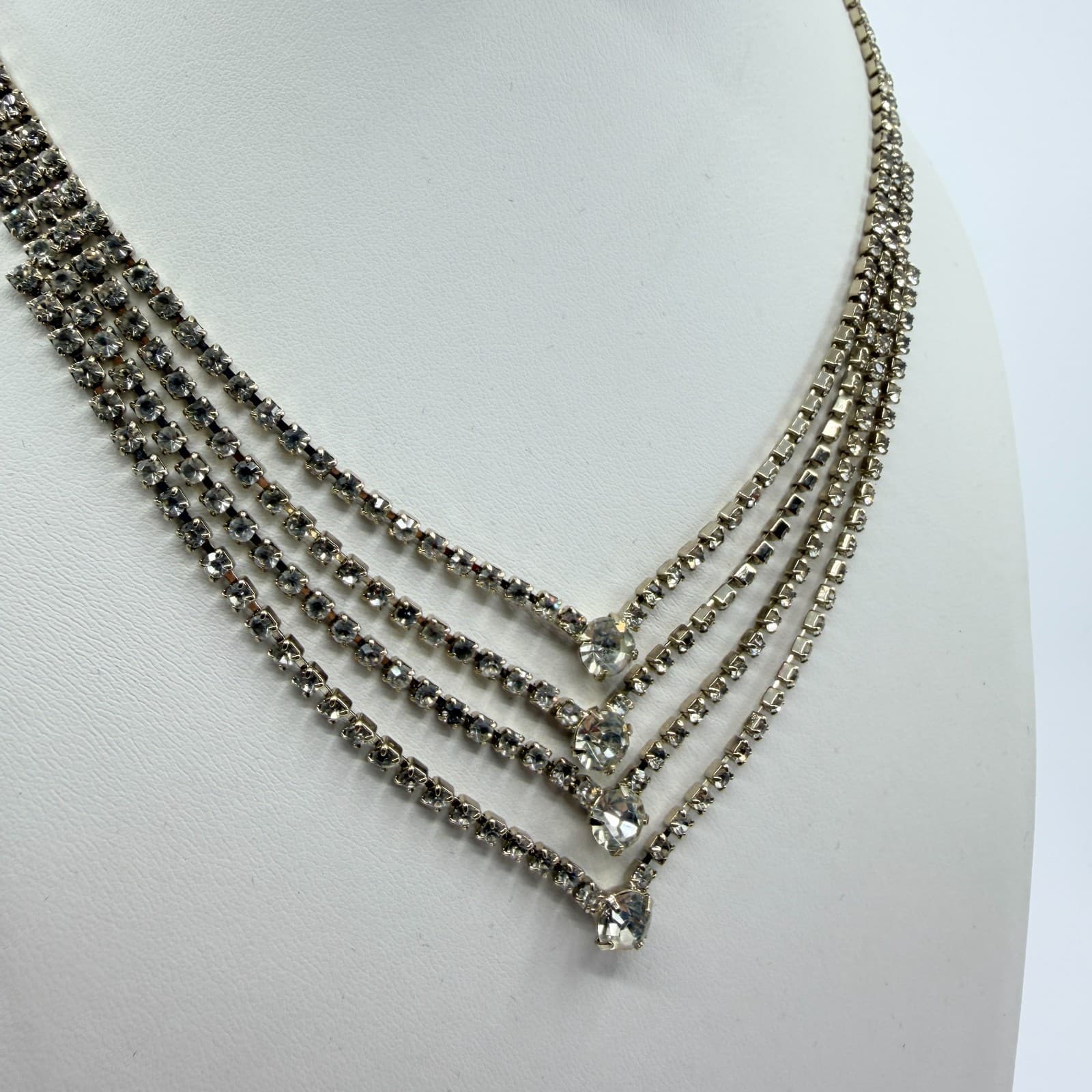 Vintage Clear Rhinestone Necklace Silver Tone Tiered V Shape Bib Statement Bold - Thumbnail 5