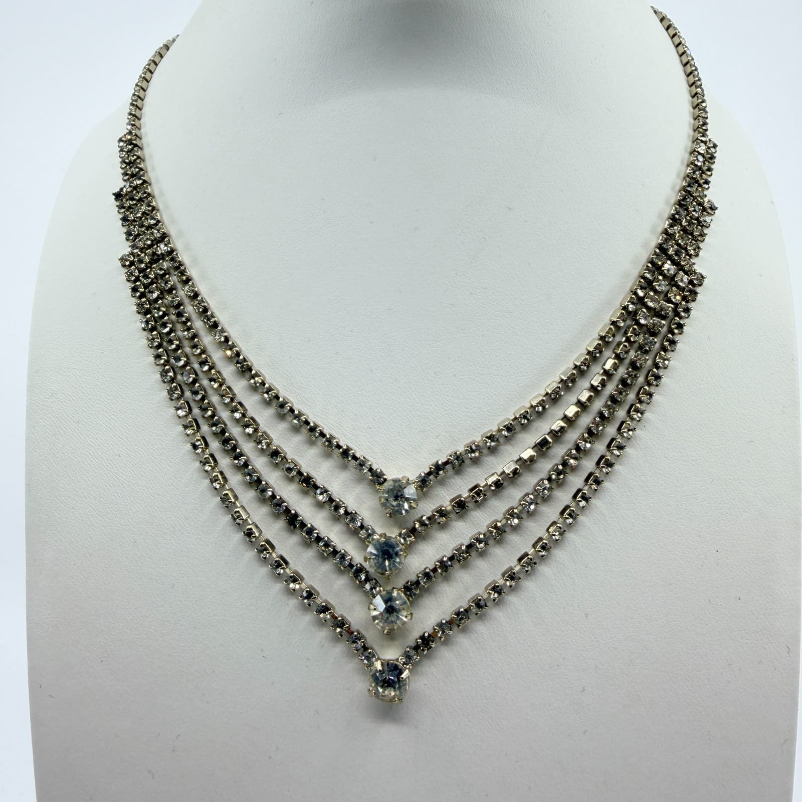 Vintage Clear Rhinestone Necklace Silver Tone Tiered V Shape Bib Statement Bold - Thumbnail 3