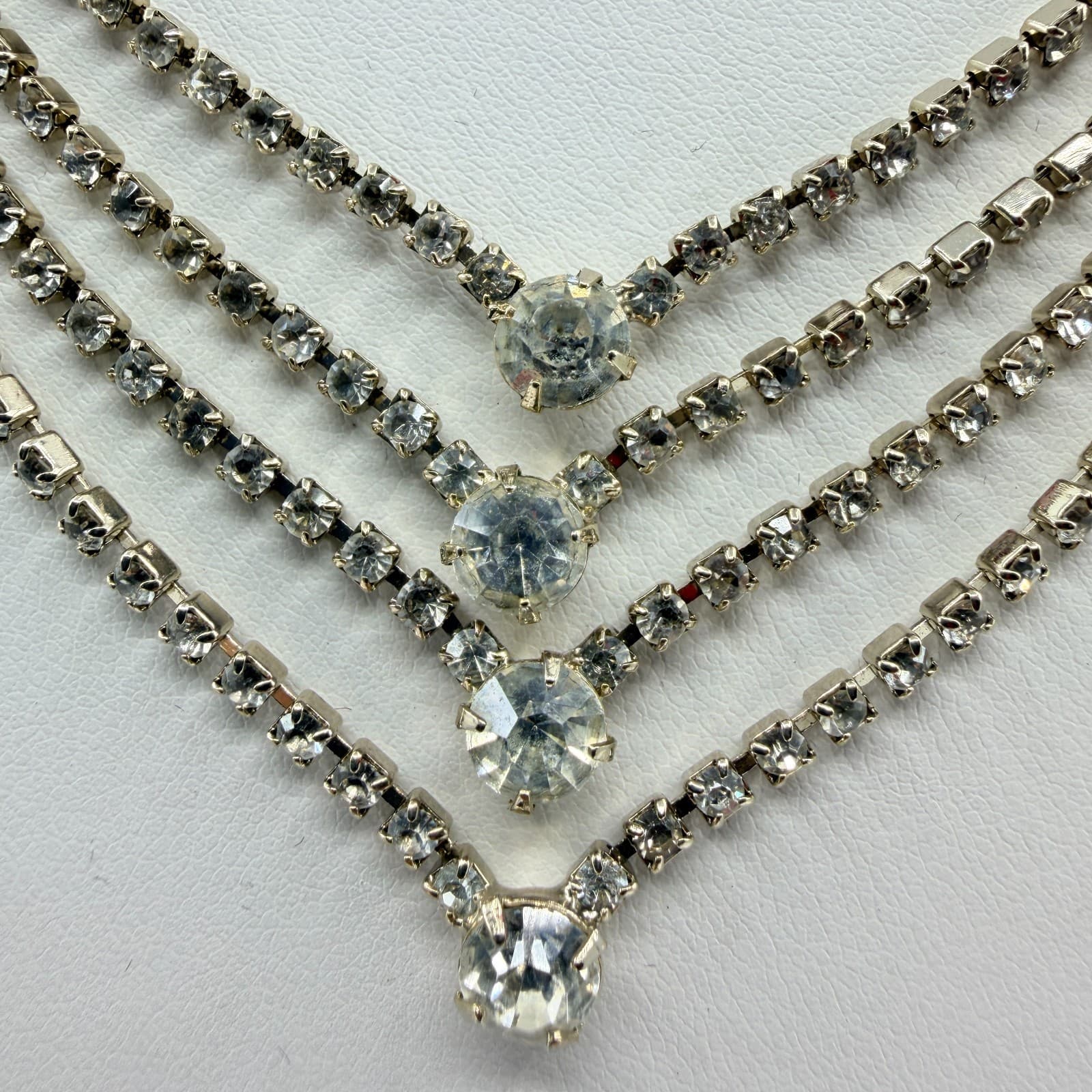 Vintage Clear Rhinestone Necklace Silver Tone Tiered V Shape Bib Statement Bold - Thumbnail 4