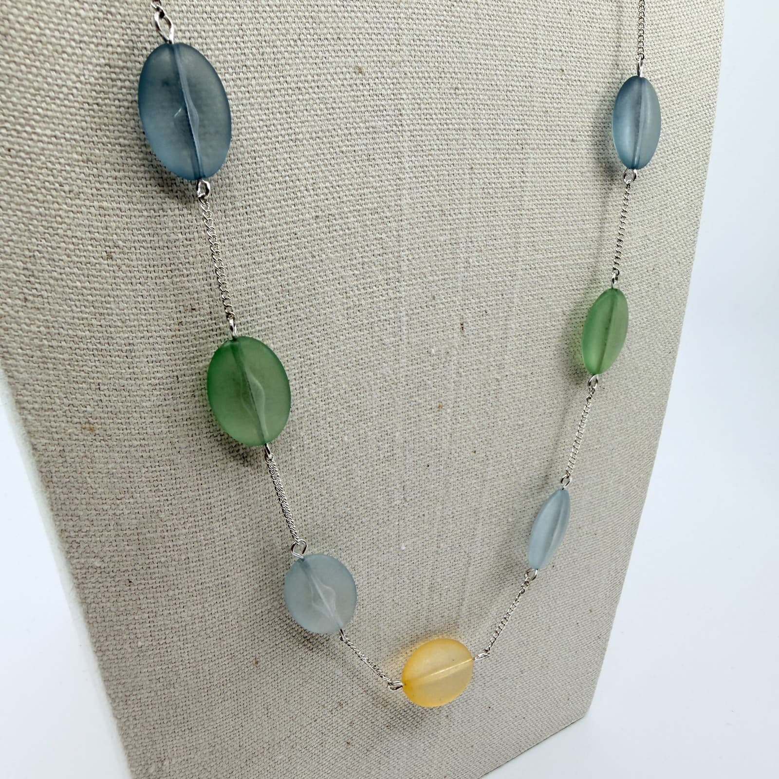 Vintage Silver Tone Frosted Glass Necklace Multi Color Station Long Strand Boho - Thumbnail 4