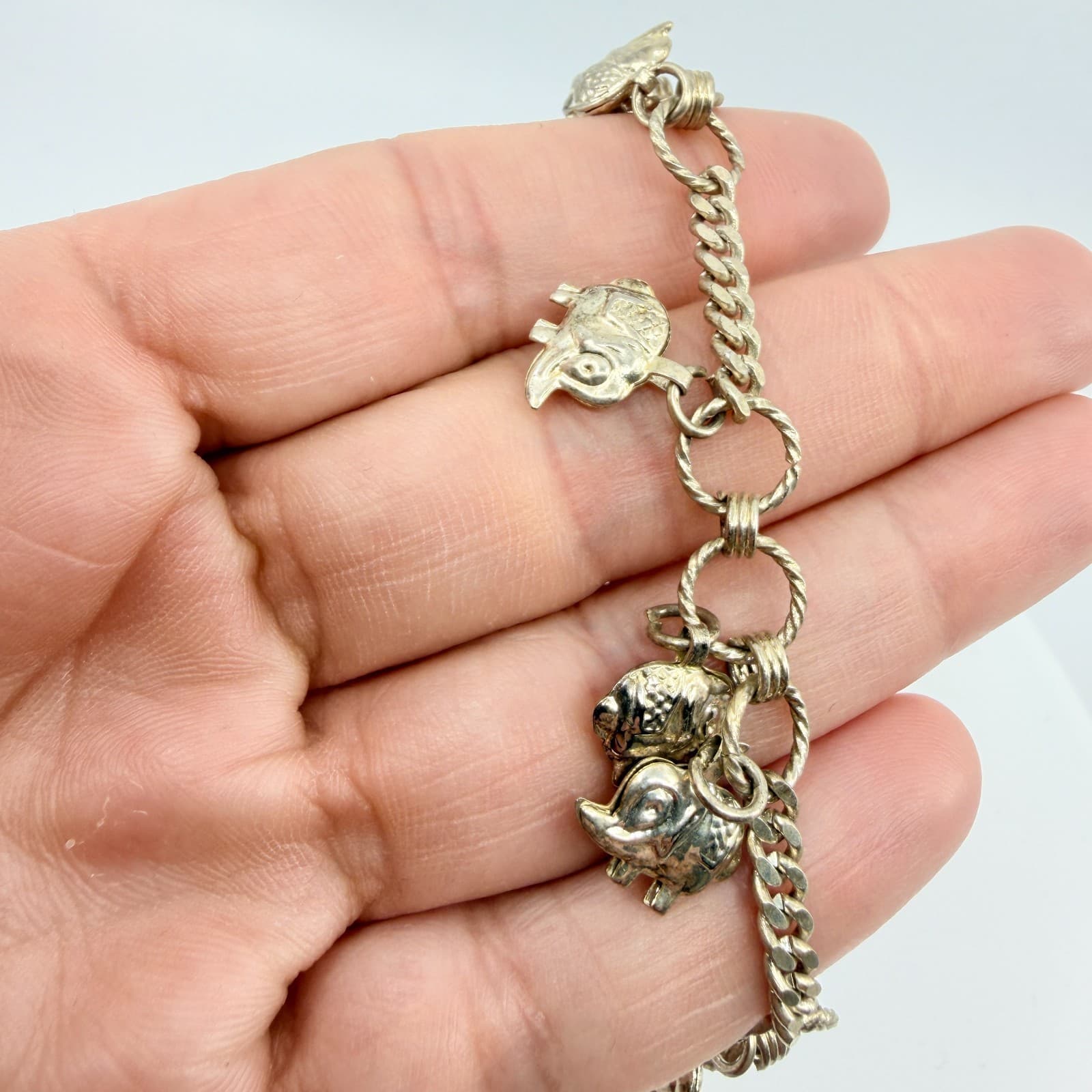 Vintage Silver Tone Elephant Charm Bracelet Chunky Statement Boho Dangling Bells - Thumbnail 8