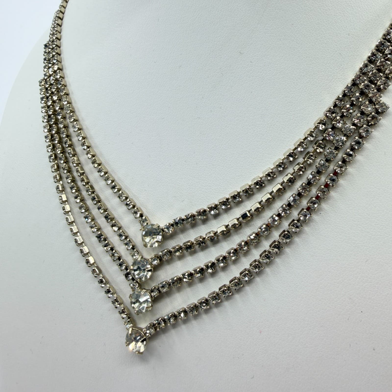 Vintage Clear Rhinestone Necklace Silver Tone Tiered V Shape Bib Statement Bold - Thumbnail 6