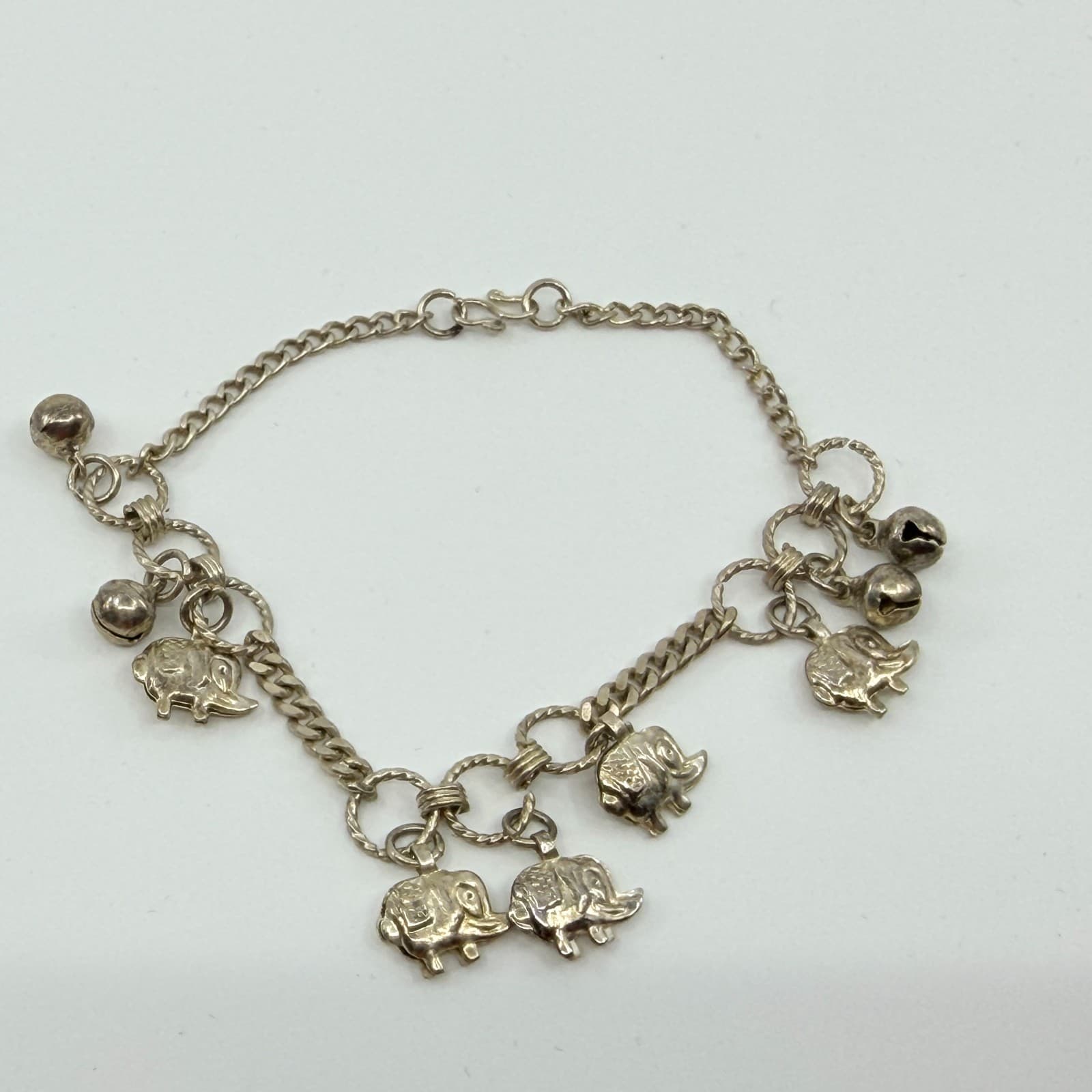 Vintage Silver Tone Elephant Charm Bracelet Chunky Statement Boho Dangling Bells - Thumbnail 7