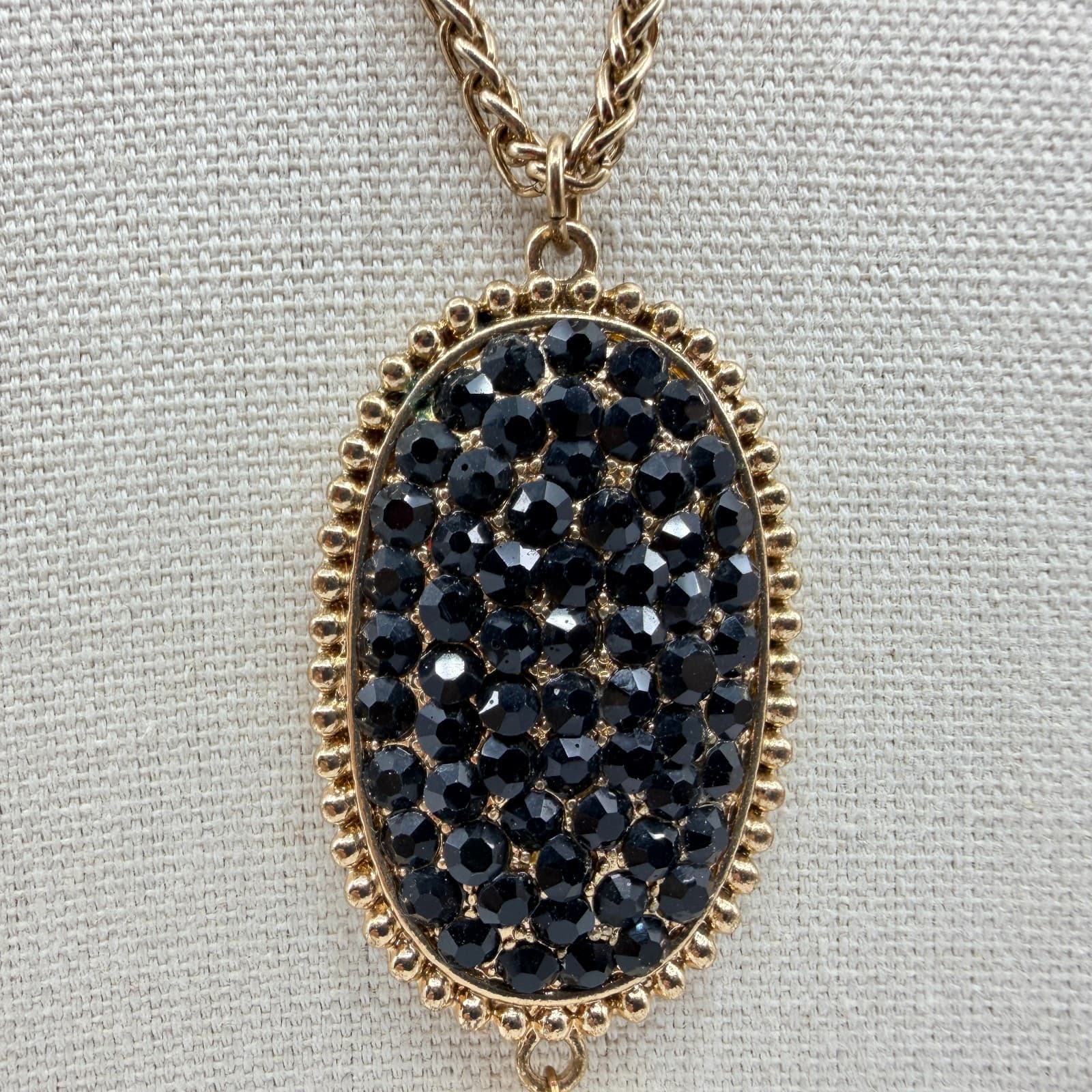Vintage Gold Tone Black Rhinestone Pendant Necklace Chain Tassel Statement Boho - Thumbnail 3