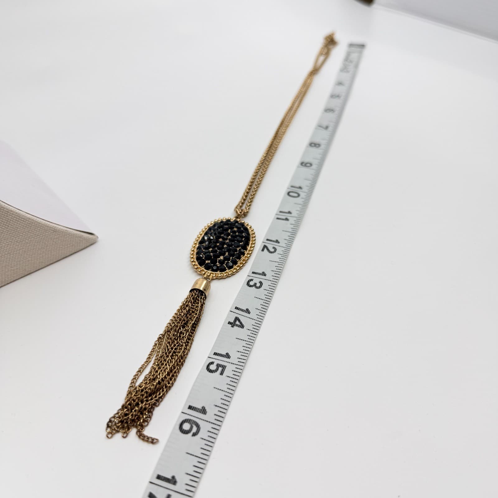 Vintage Gold Tone Black Rhinestone Pendant Necklace Chain Tassel Statement Boho - Thumbnail 7